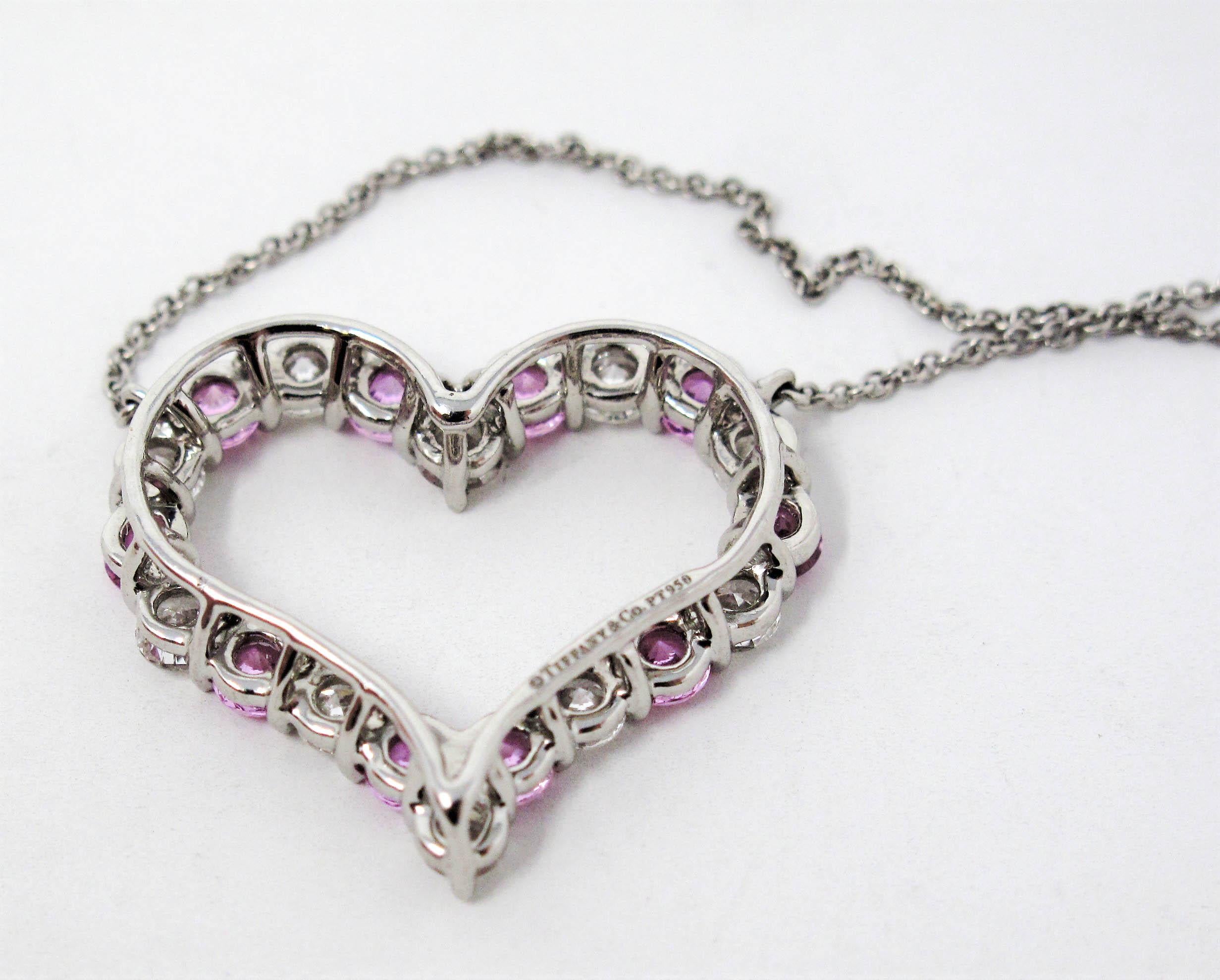 Tiffany & Co. Large Pink Sapphire and Diamond Open Heart Necklace in Platinum In Good Condition For Sale In Scottsdale, AZ