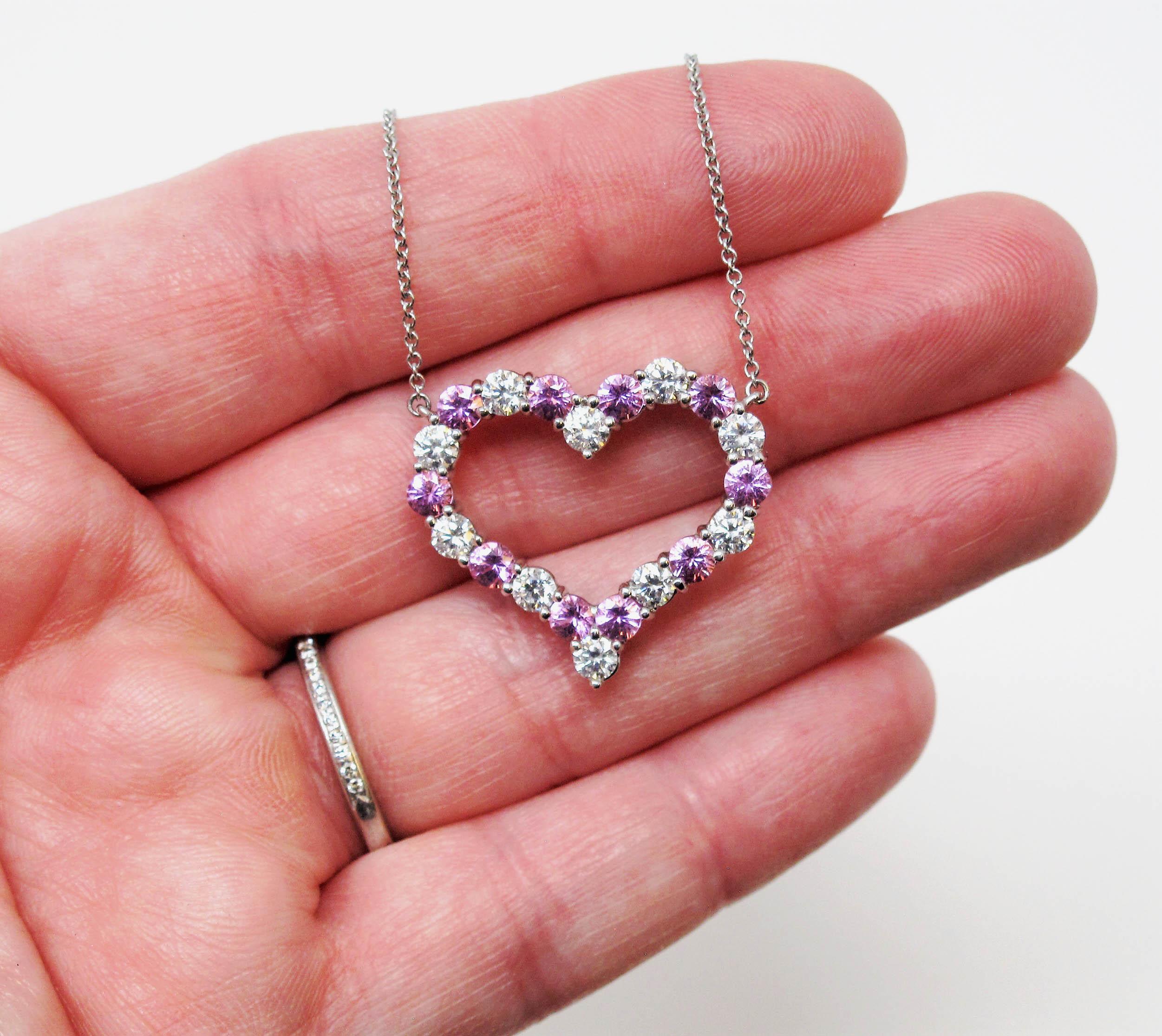 Women's Tiffany & Co. Large Pink Sapphire and Diamond Open Heart Necklace in Platinum For Sale