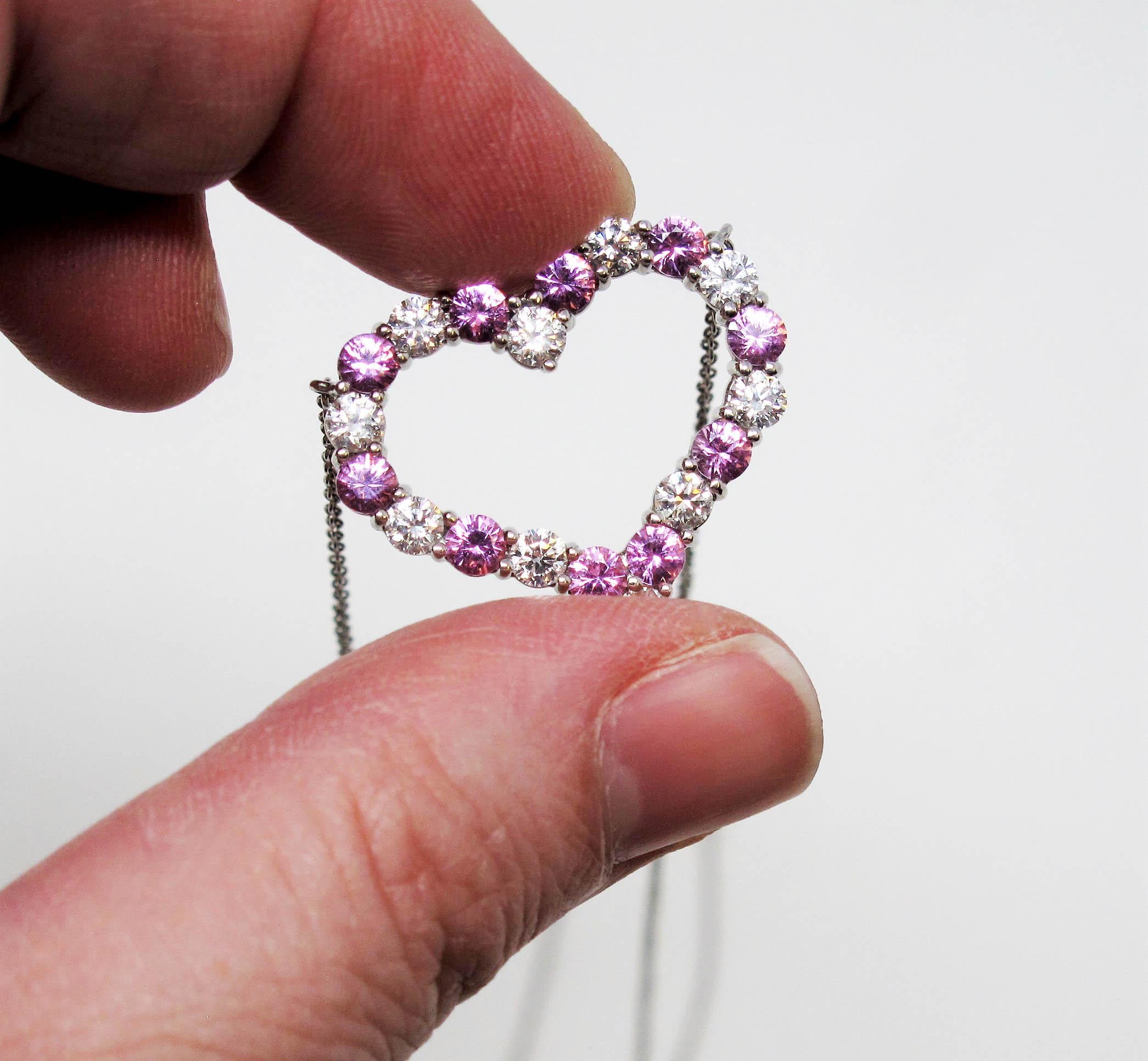 Tiffany & Co. Large Pink Sapphire and Diamond Open Heart Necklace in Platinum For Sale 1