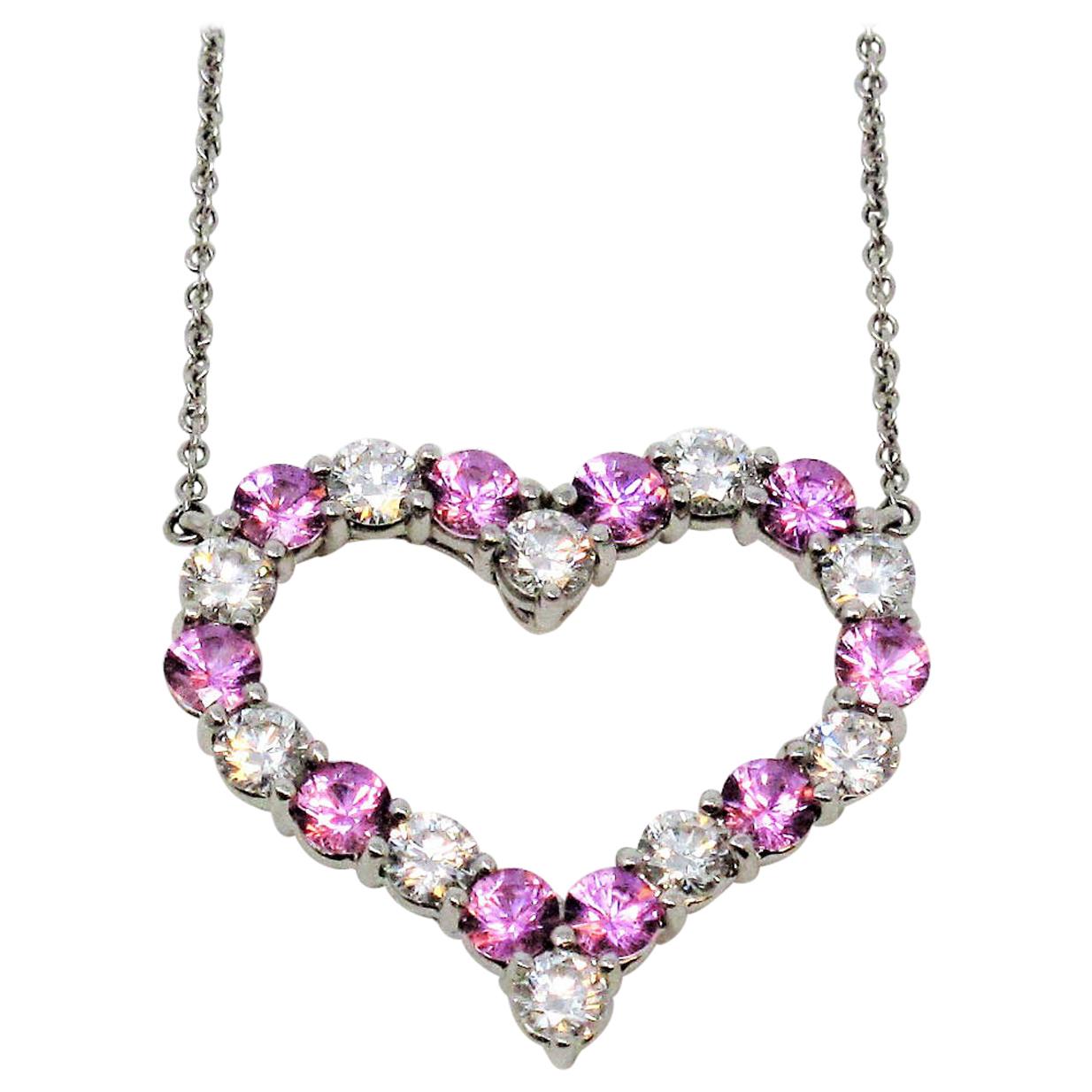 Tiffany & Co. Pink Sapphire and Diamond Open Heart Necklace in Platinum