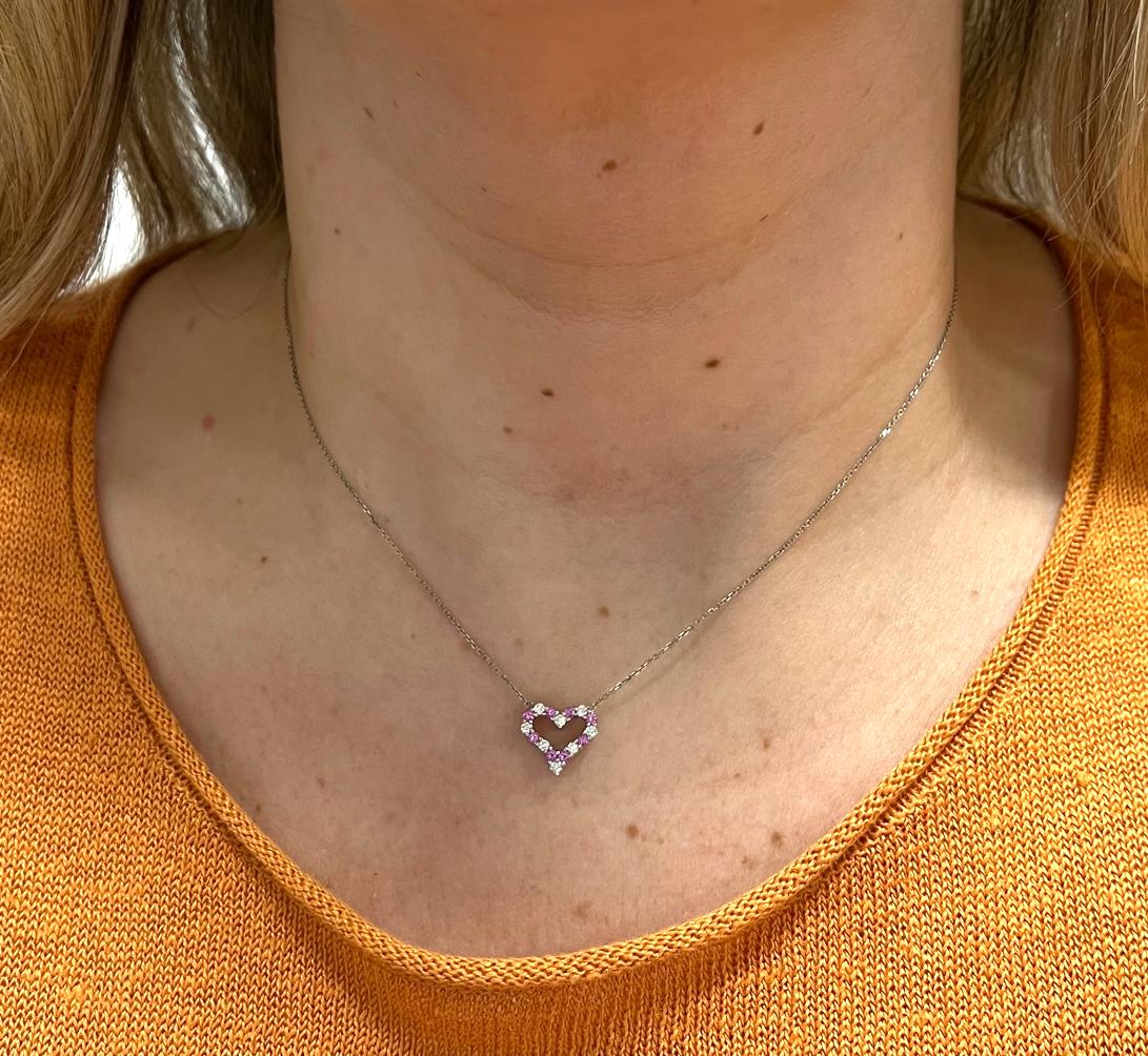 Round Cut Tiffany & Co. Pink Sapphire & Diamond Sentimental Open Heart Pendant Necklace