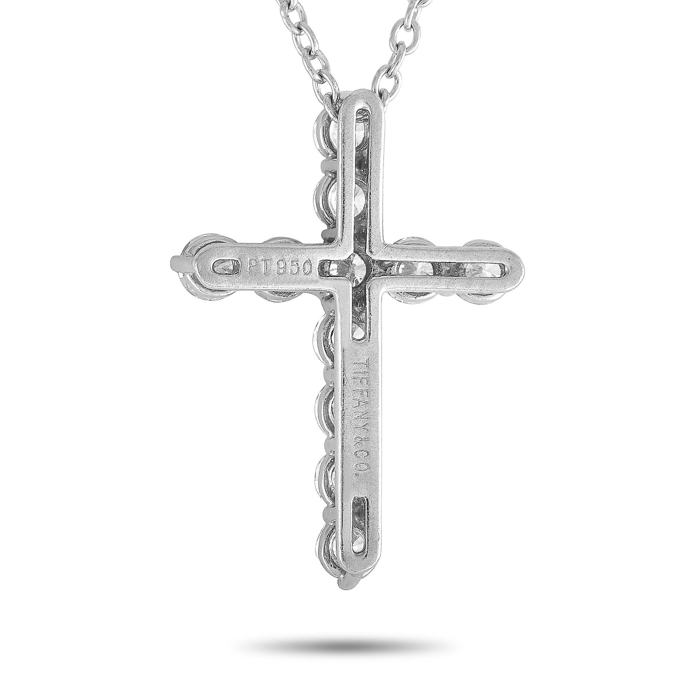 Round Cut Tiffany & Co. Platinum 0.42 Carat Diamond Cross Pendant Necklace