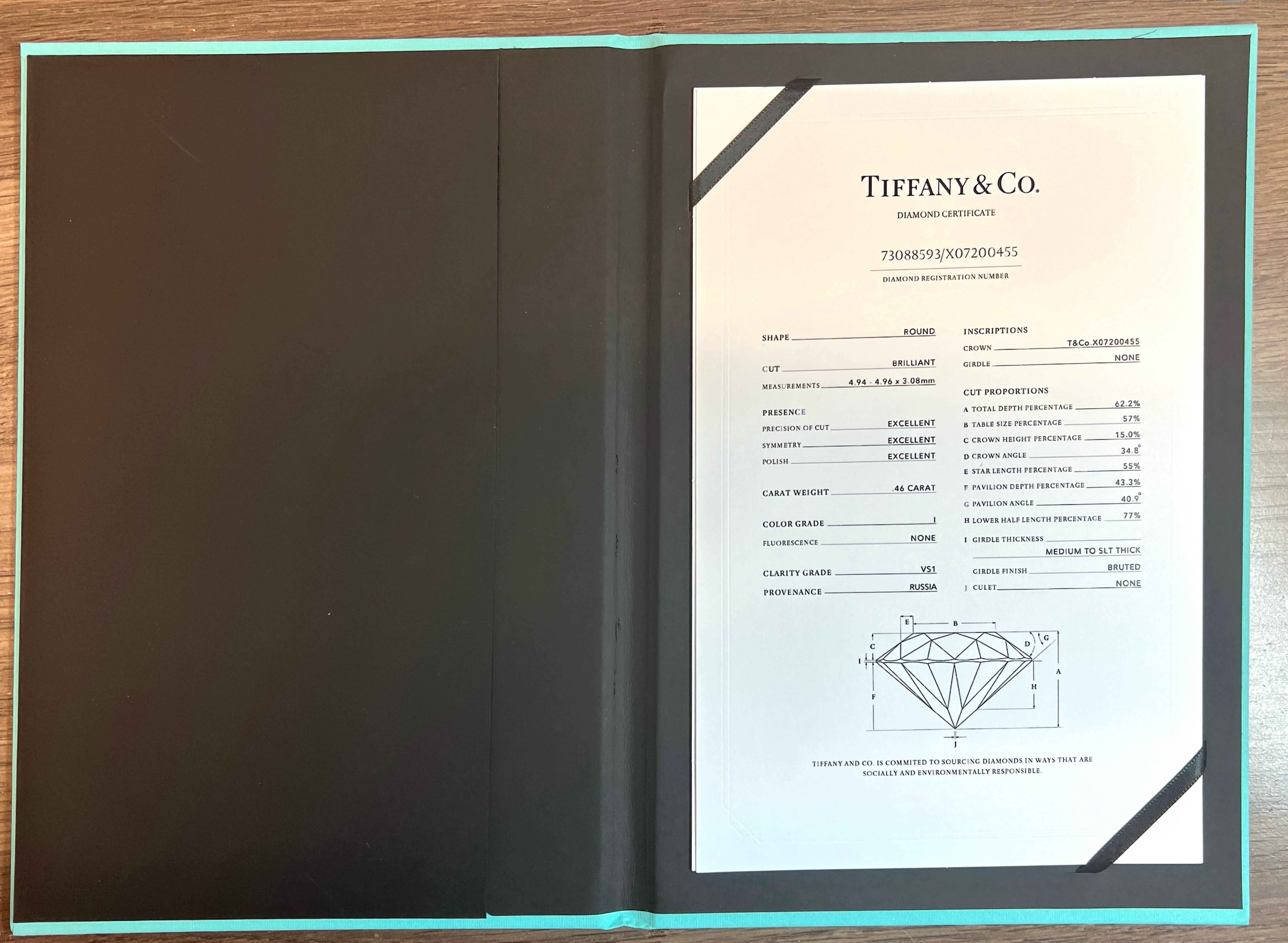 Tiffany & Co. Platinum 0.46 Carat I VS1 Round Natural Diamond Engagement Ring 1
