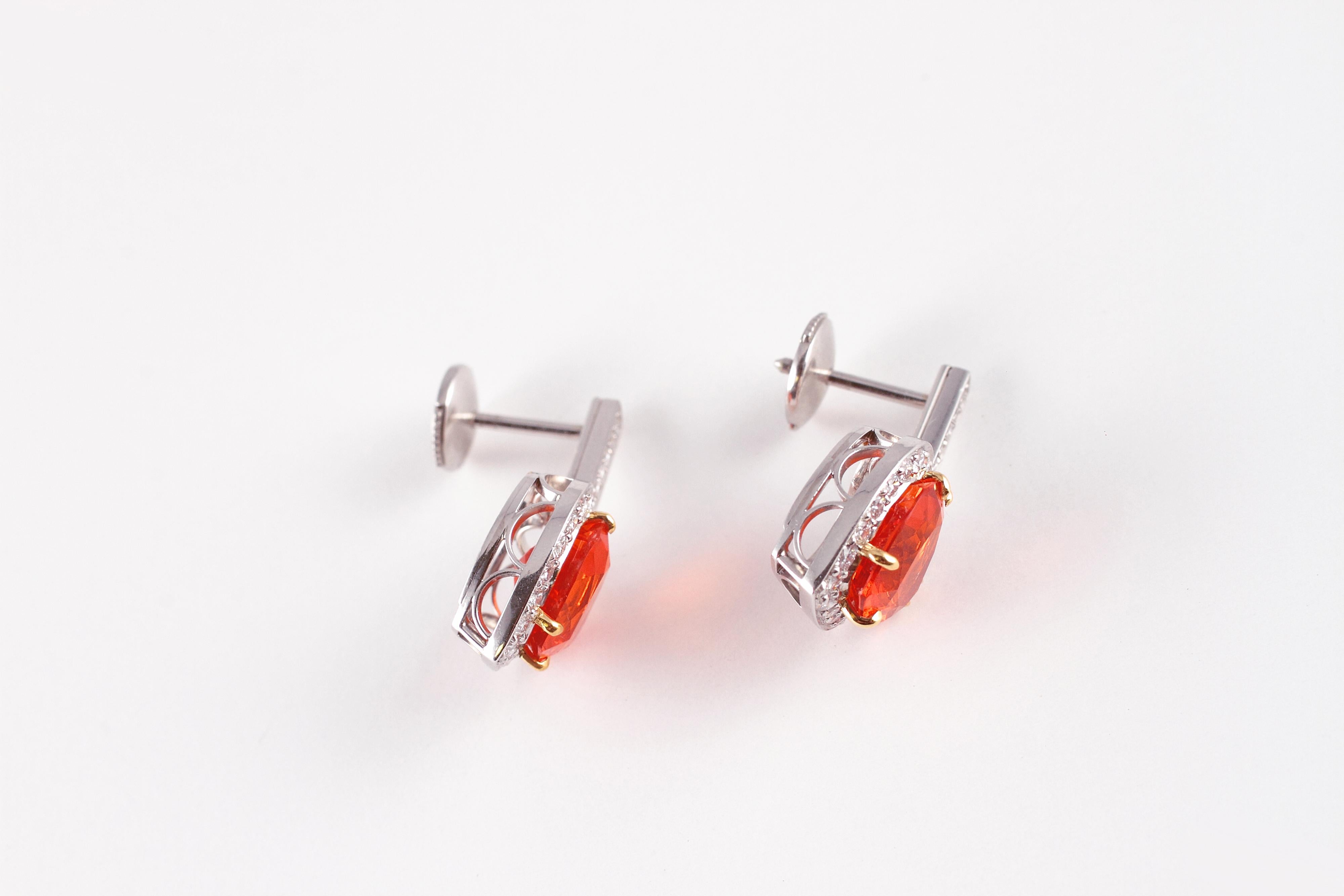 Tiffany & Co. Platinum 0.58 Carat Diamond 3.75 Carat Fire Opal Earrings In Good Condition For Sale In Dallas, TX