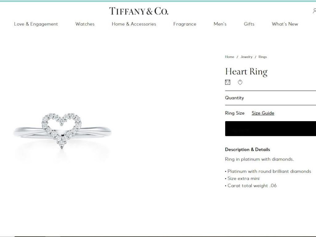 Round Cut TIFFANY & Co. Platinum .06ct Diamond Heart Ring 5 For Sale