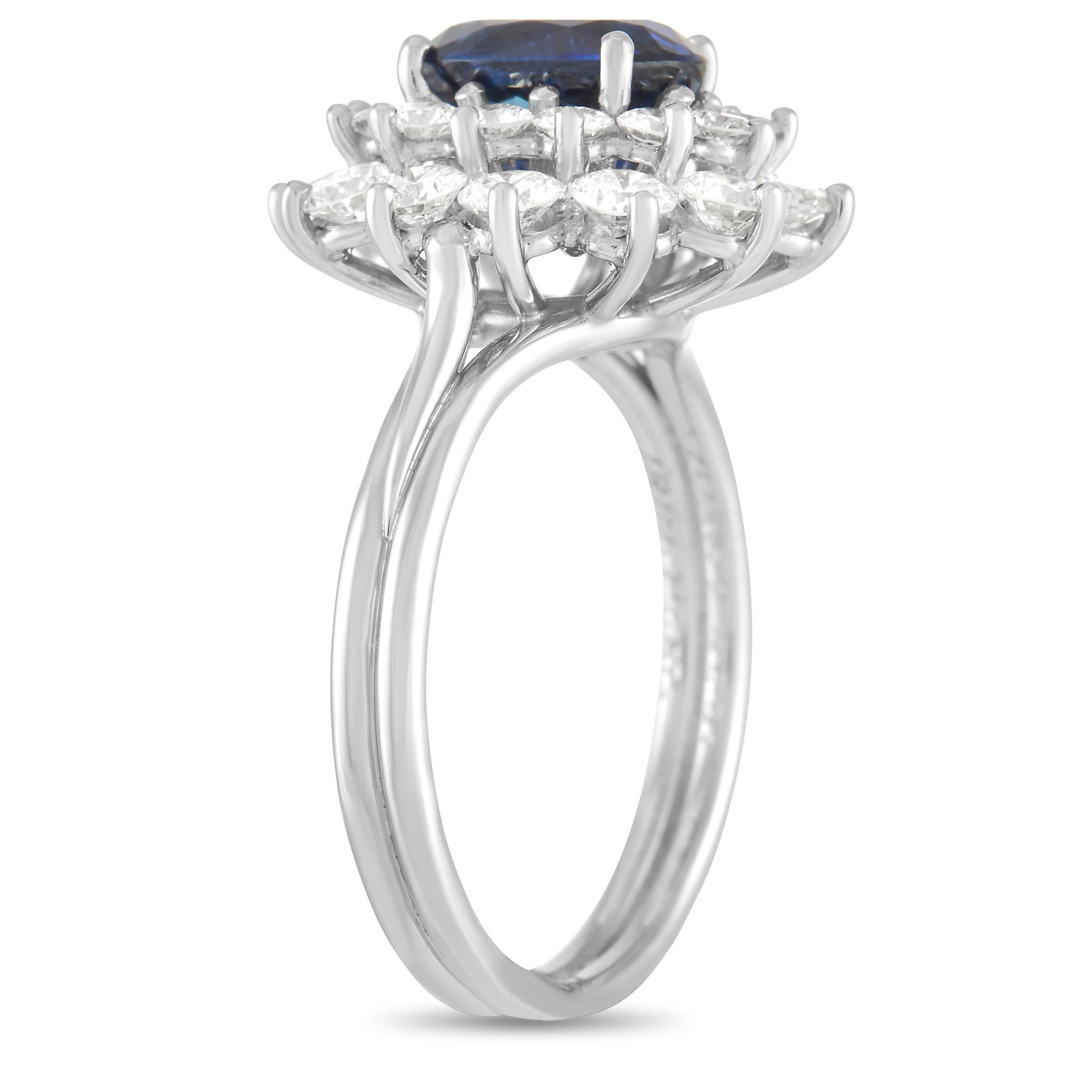 This exquisite estate ring from luxury brand Tiffany & Co. is the kind of piece that will become an instant heirloom. At the center of the platinum setting, you’ll find a deep blue 1.0 carat oval-cut sapphire. It’s surrounded by a double halo of