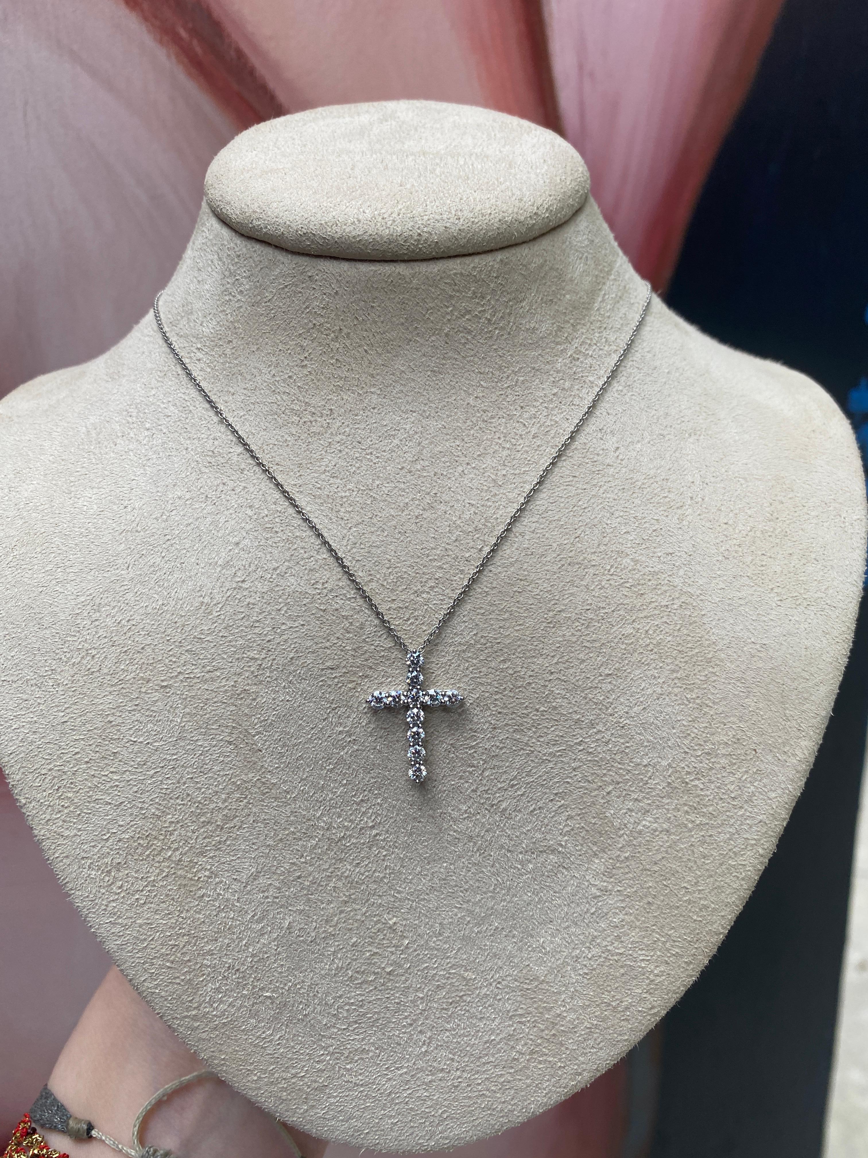 Tiffany & Co. Platinum 0.90ctw Round Diamond Cross Pendant Necklace 2