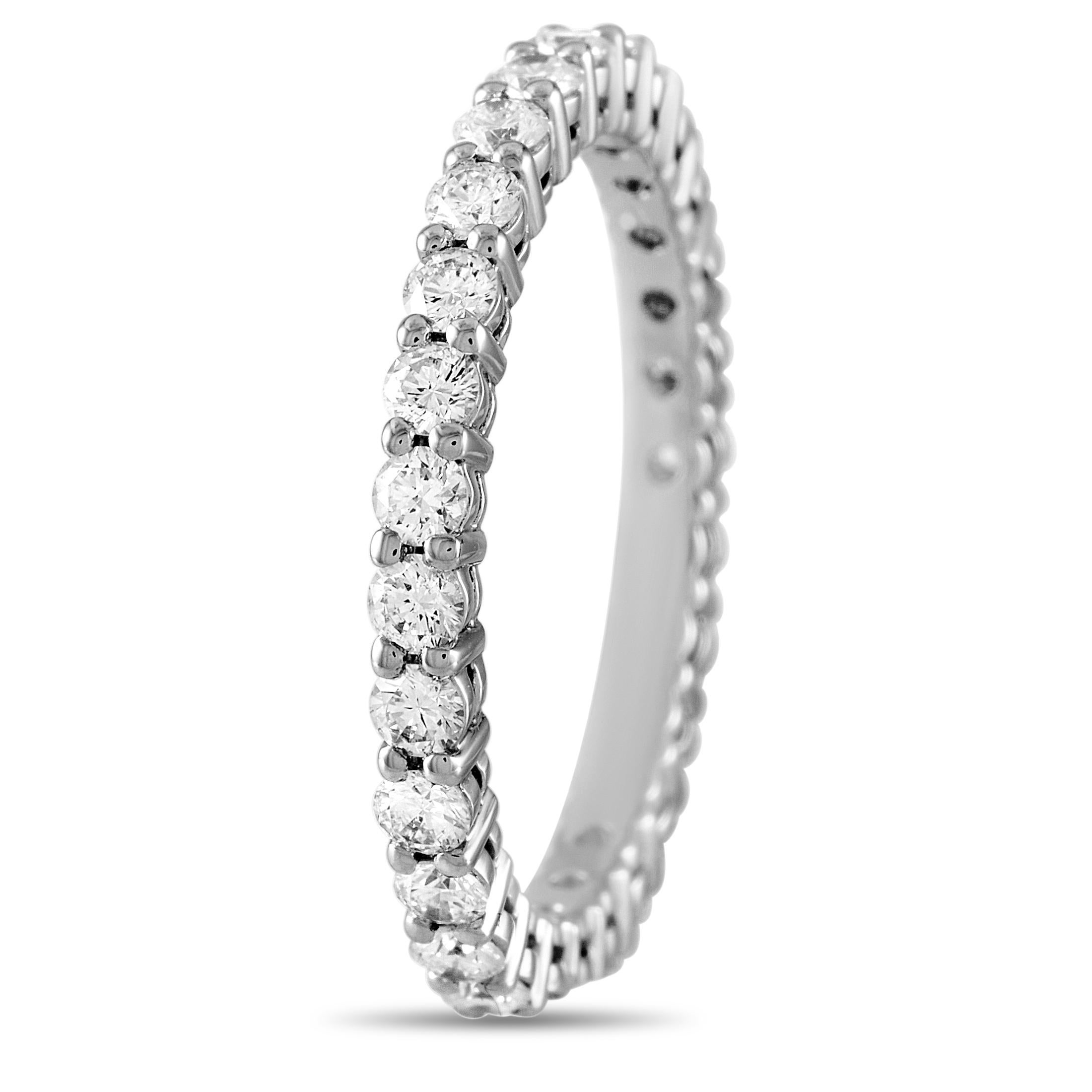 The Tiffany & Co. Platinum 1.00 ct Diamond Eternity Ring displays a full circle of pavé diamonds set around the entire 2mm platinum band. Consider this graceful ring, a circle of commitment, the perfect choice to mark a milestone in your love