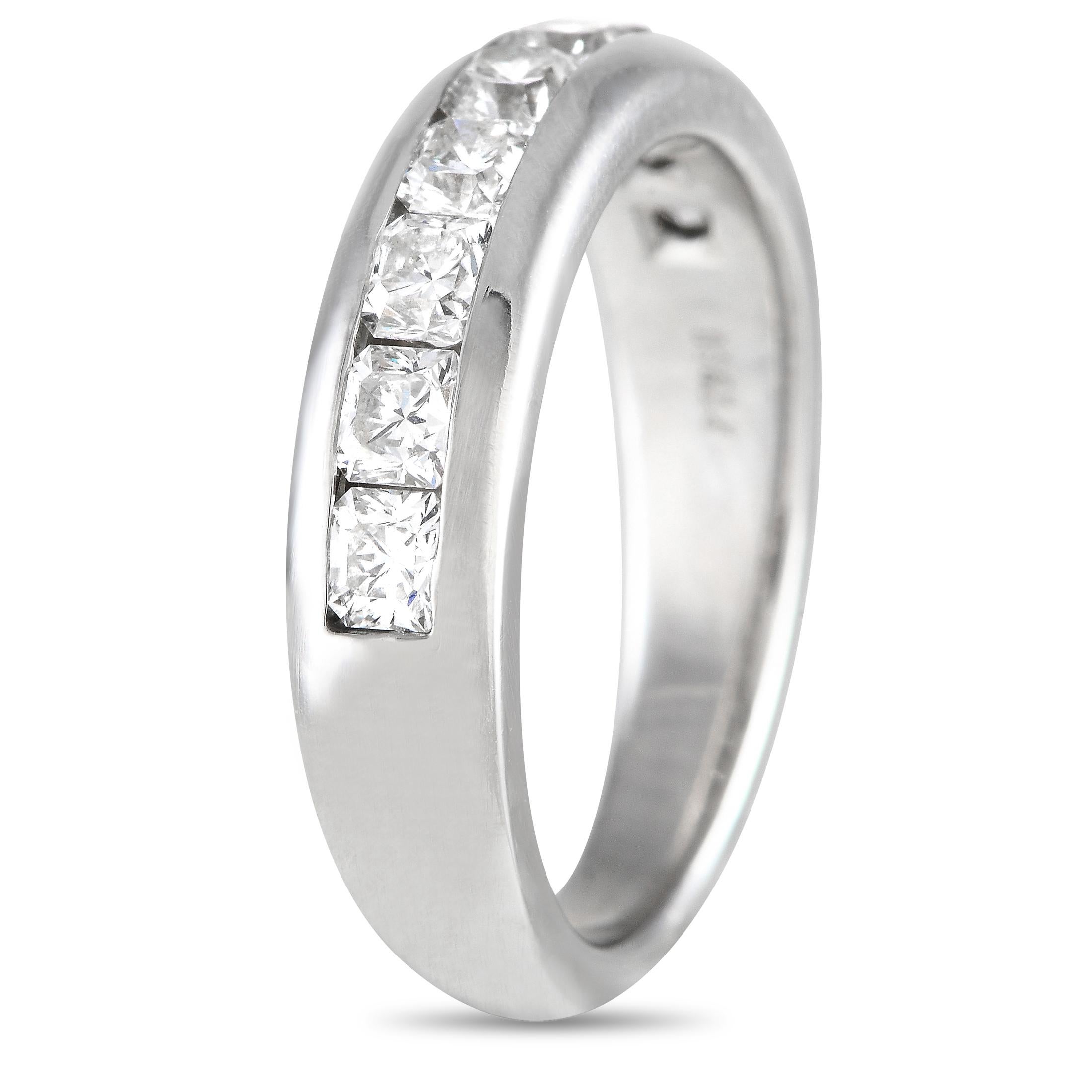 What makes this platinum wedding band so special is the unforgettable shine of the Tiffany-patented Lucida diamonds that trace half of its circumference. A creation by Tiffany & Co., this half-eternity ring features a stunning row of nine Lucida-cut