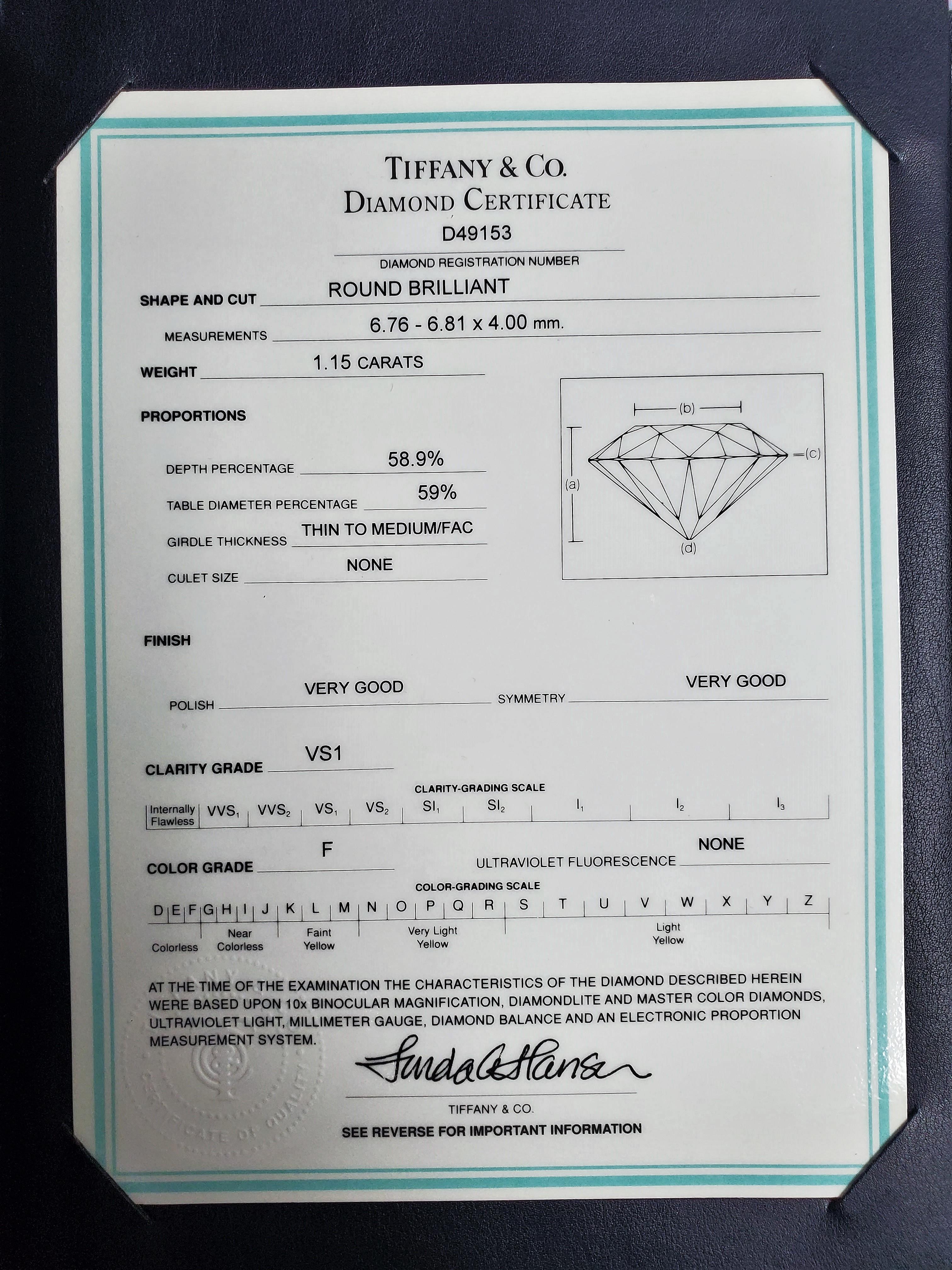 Round Cut Tiffany & Co. Platinum 1.15 Carat Round Diamond Solitaire Engagement Ring