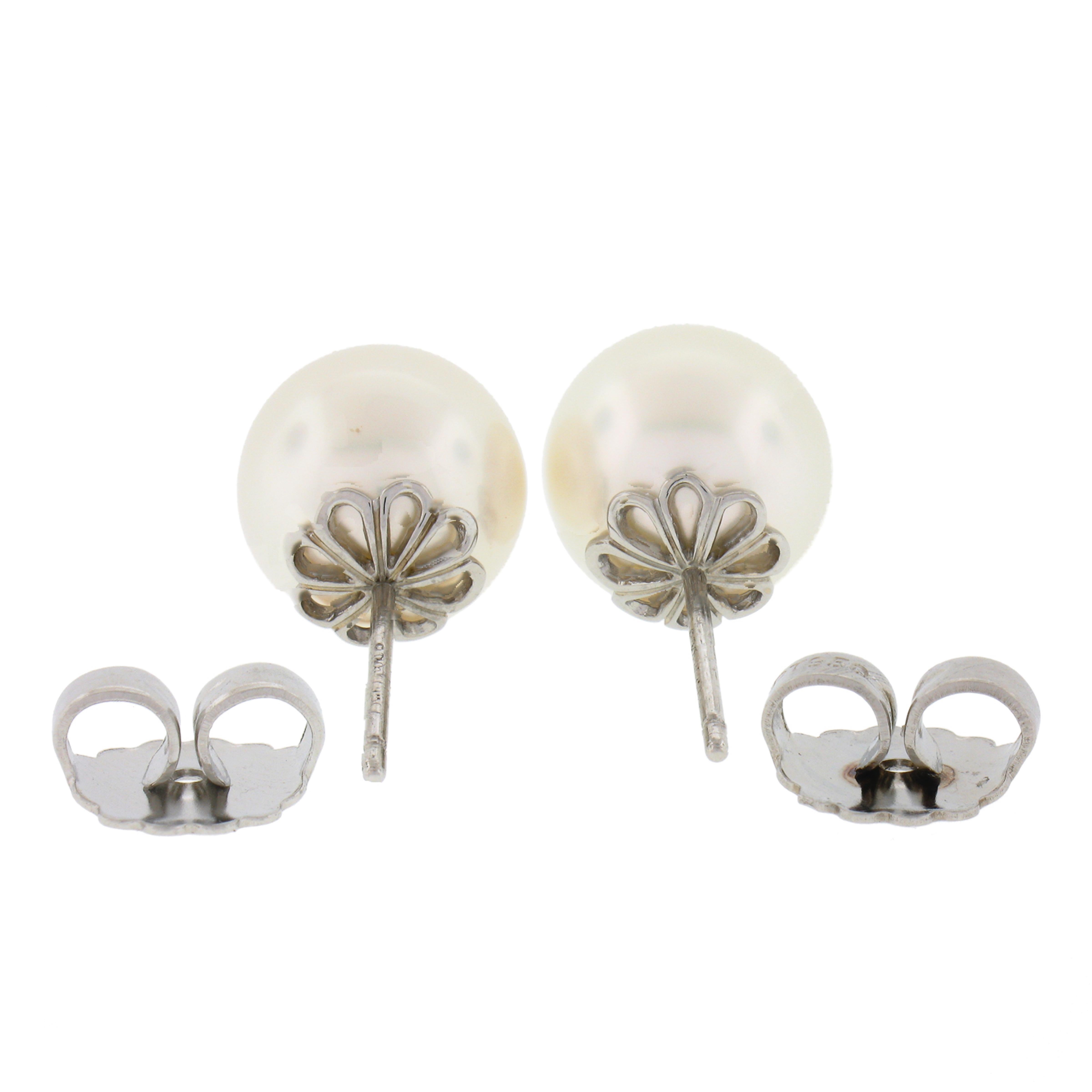 Round Cut Tiffany & Co. Platinum Cultured Round White Akoya Pearl Stud Earrings