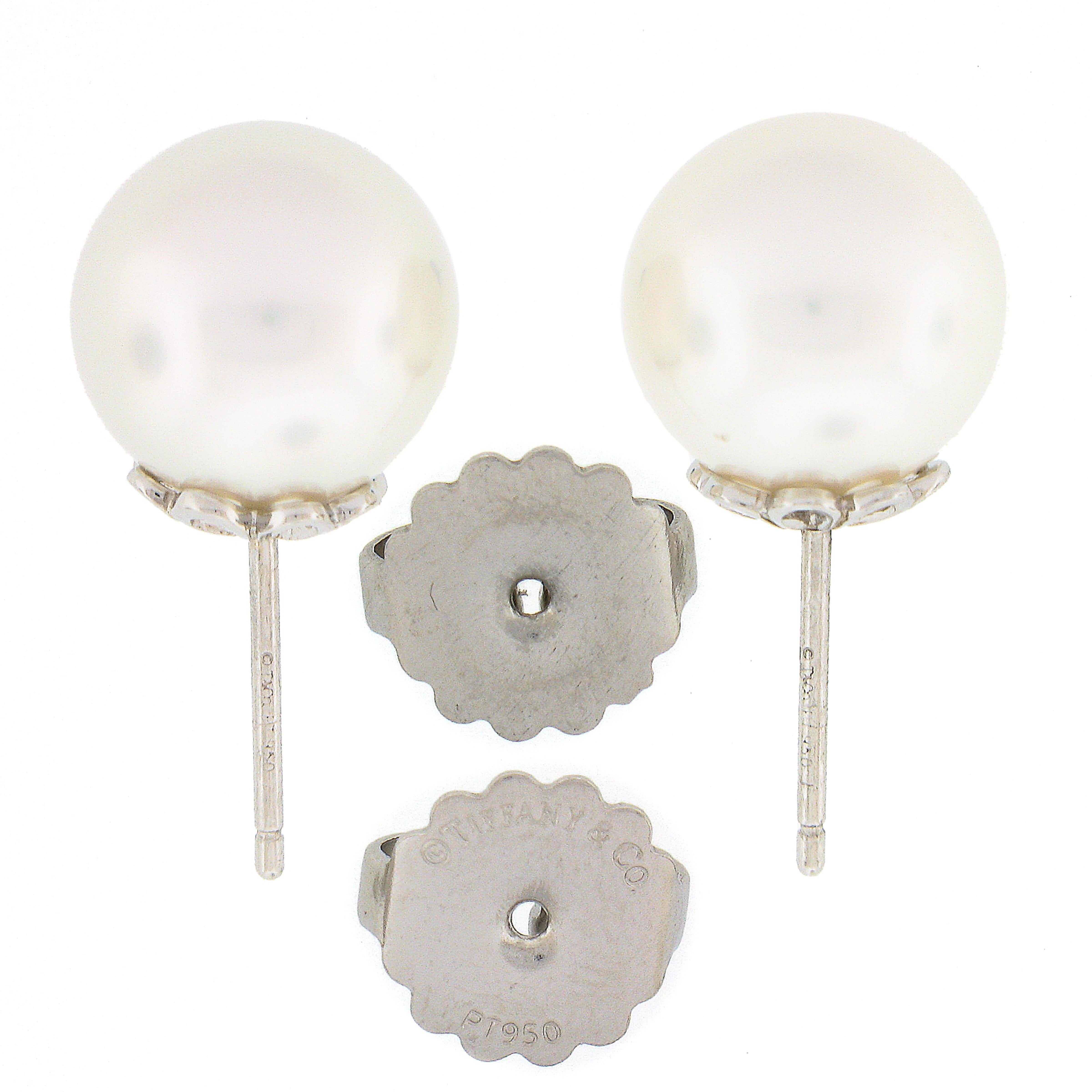 Tiffany & Co. Platinum Cultured Round White Akoya Pearl Stud Earrings In Excellent Condition In Montclair, NJ