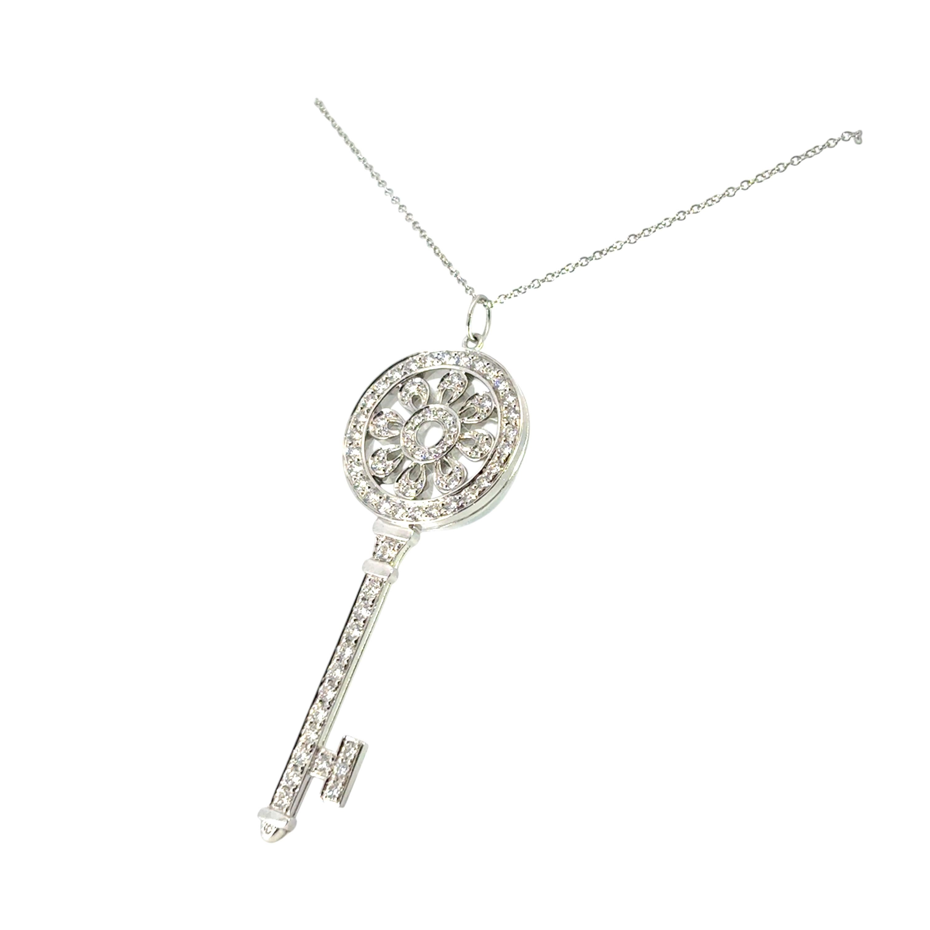 Round Cut Tiffany & Co. Platinum 1.18ctw Diamond Petals Key Pendant Necklace