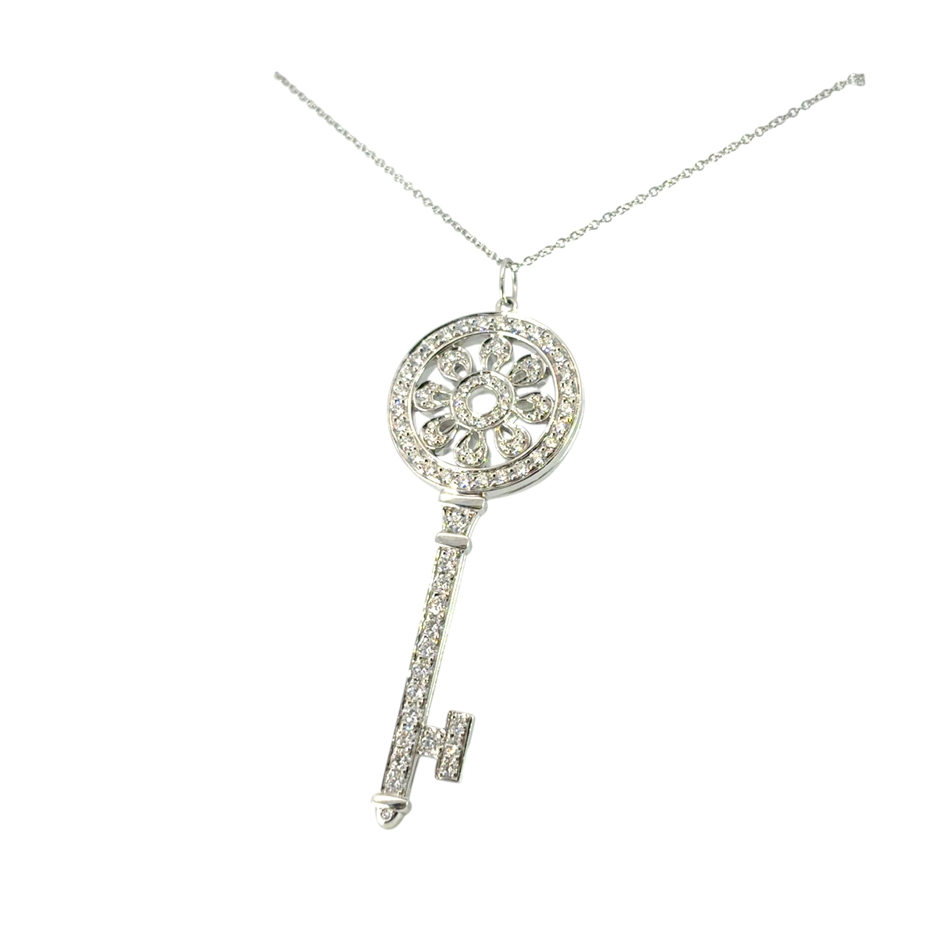Tiffany & Co. Platinum 1.18ctw Diamond Petals Key Pendant Necklace In Excellent Condition In Boca Raton, FL