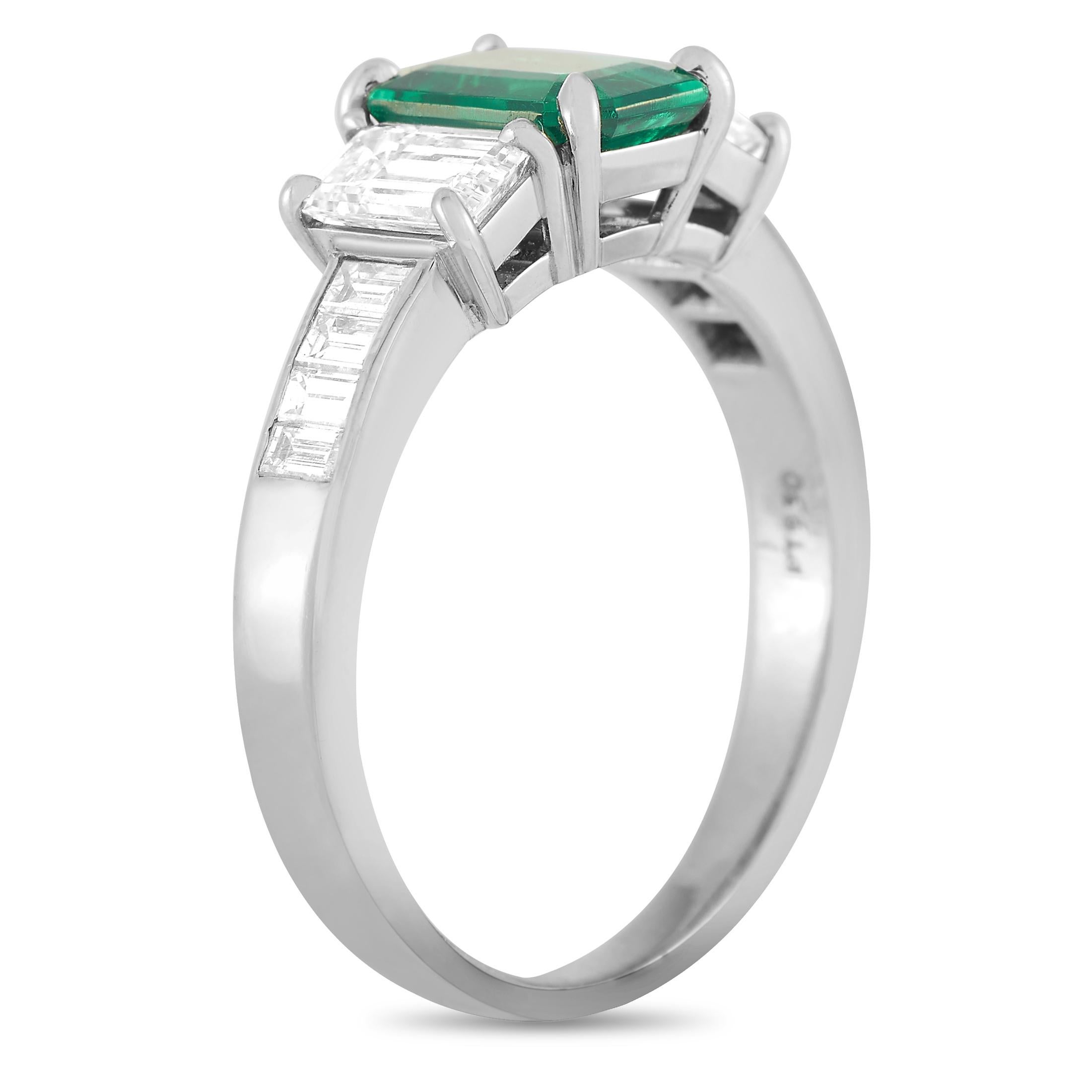 This Tiffany & Co. ring is made of platinum and weighs 5.6 grams. It boasts band thickness of 3 mm and top height of 6 mm, while top dimensions measure 8 by 14 mm. The ring is set with an emerald that weighs approximately 1.75 carats and with