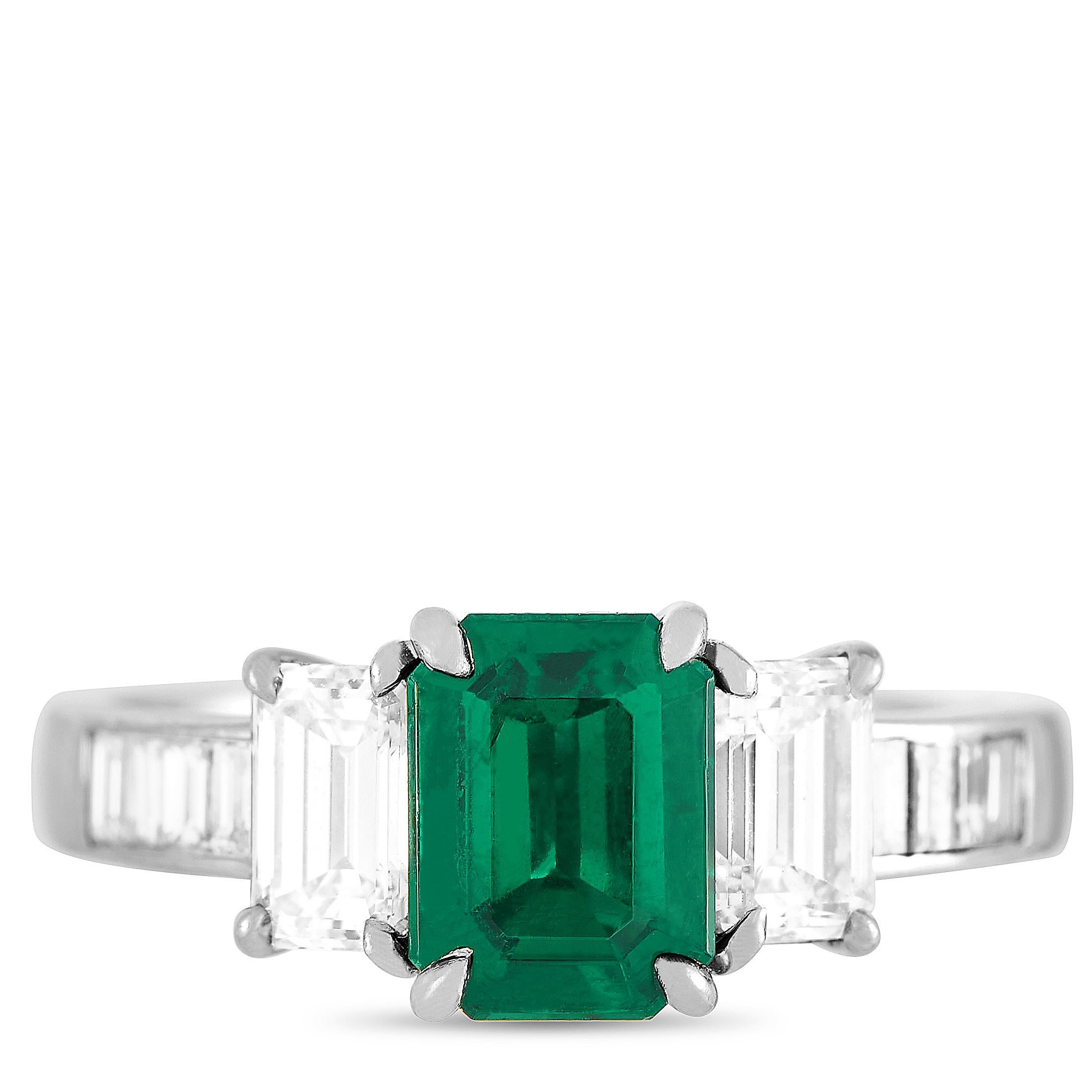 Emerald Cut Tiffany & Co. Platinum 1.25 Carat Diamond and Emerald Ring