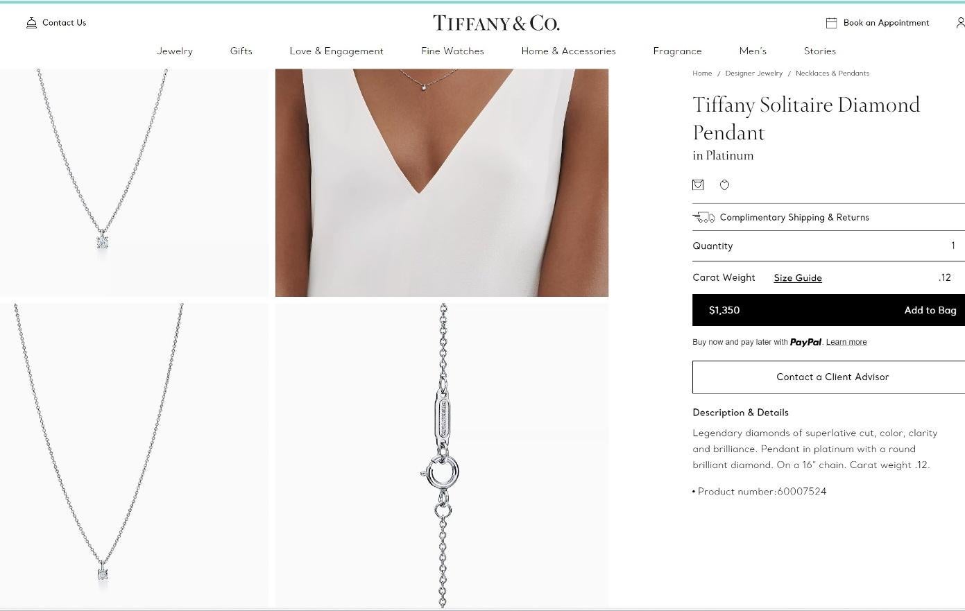 TIFFANY & Co. Platinum .12ct Solitaire Diamond Pendant Necklace In Excellent Condition For Sale In Los Angeles, CA