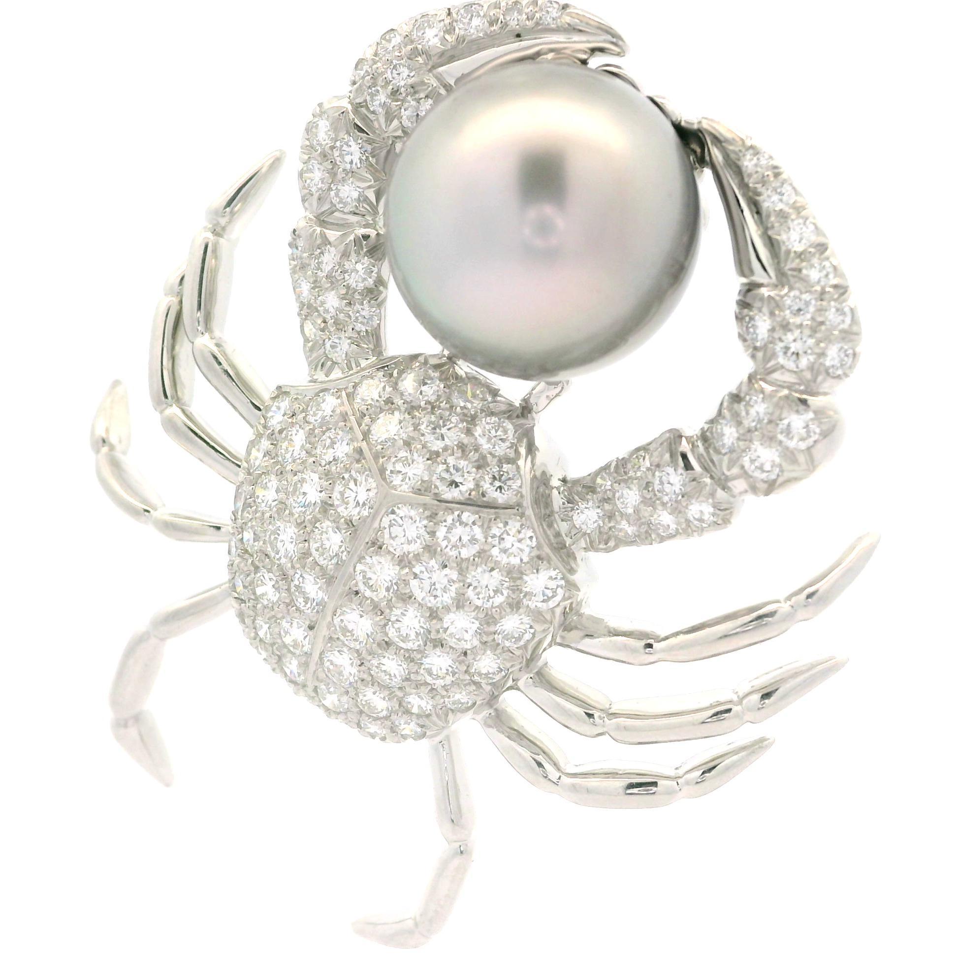 Tiffany & Co. Platinum 14.7mm Tahitian Pearl 2.86ctw Diamond Crab Pin Brooch 5