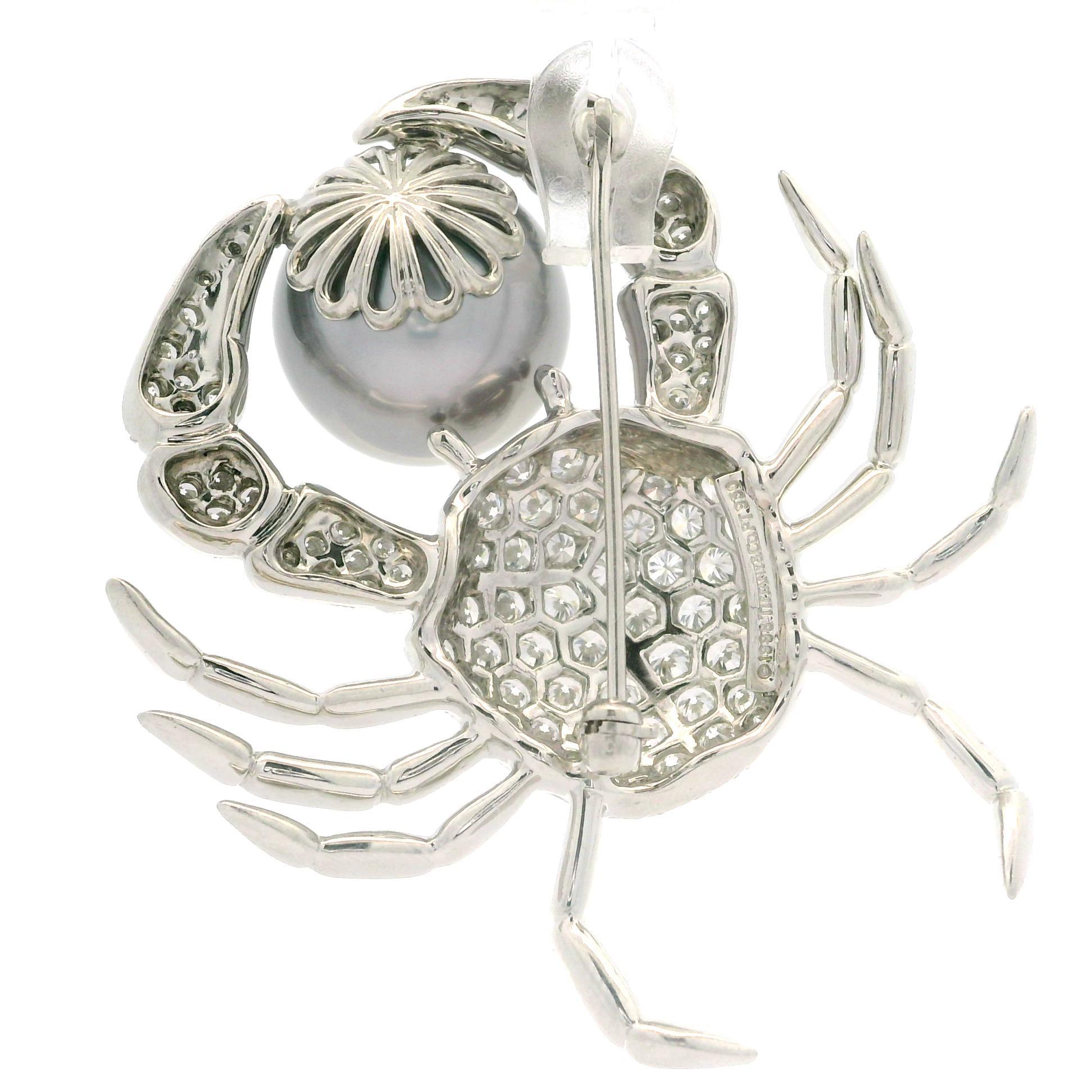Round Cut Tiffany & Co. Platinum 14.7mm Tahitian Pearl 2.86ctw Diamond Crab Pin Brooch