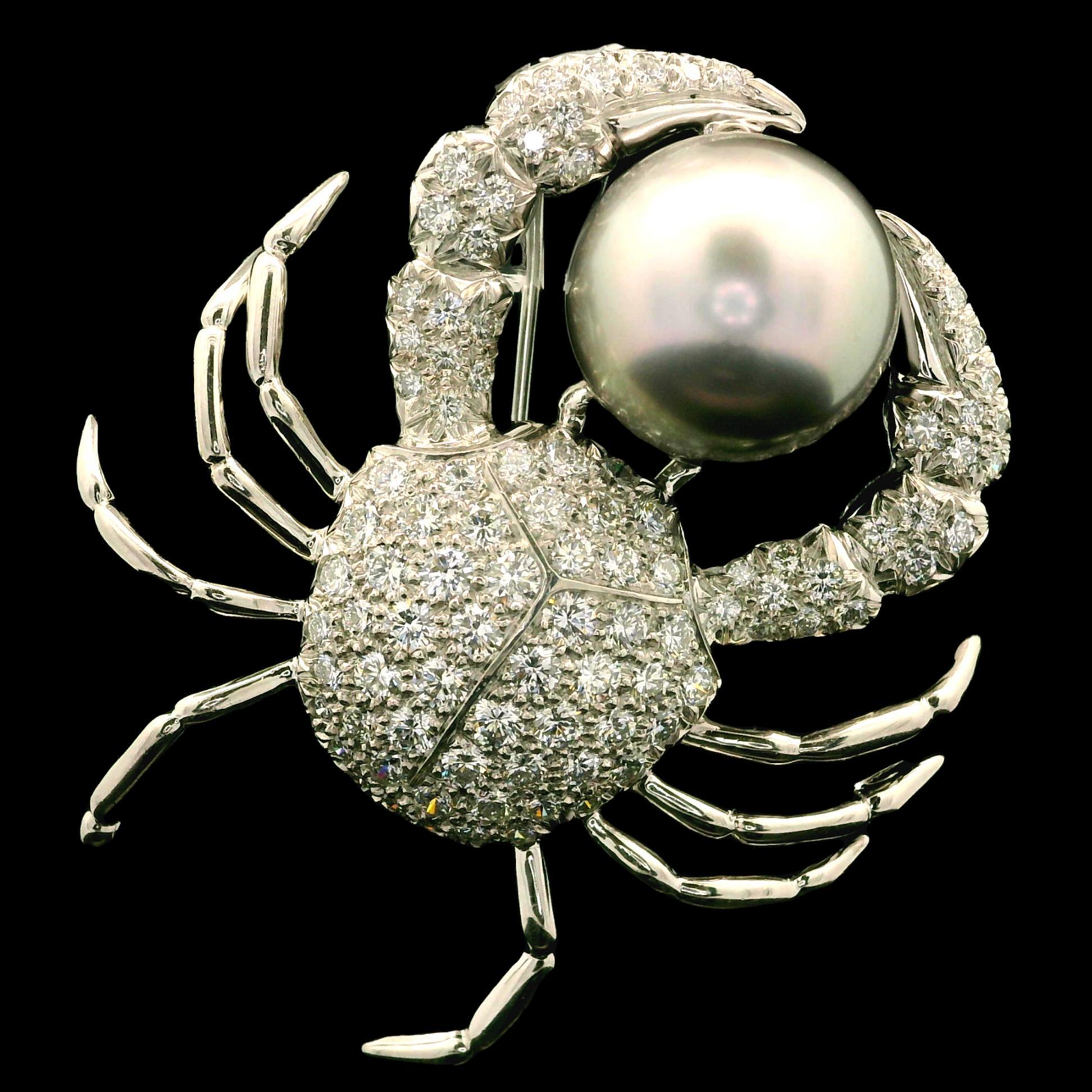Women's Tiffany & Co. Platinum 14.7mm Tahitian Pearl 2.86ctw Diamond Crab Pin Brooch