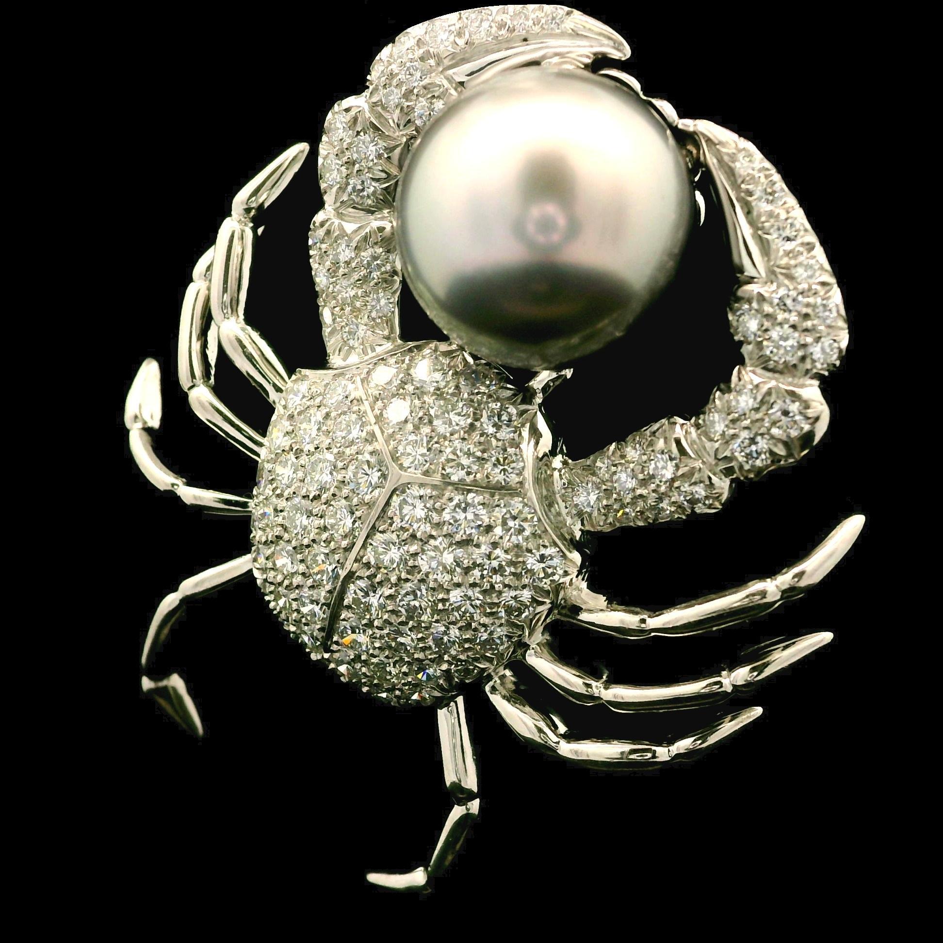 Tiffany & Co. Platinum 14.7mm Tahitian Pearl 2.86ctw Diamond Crab Pin Brooch 2