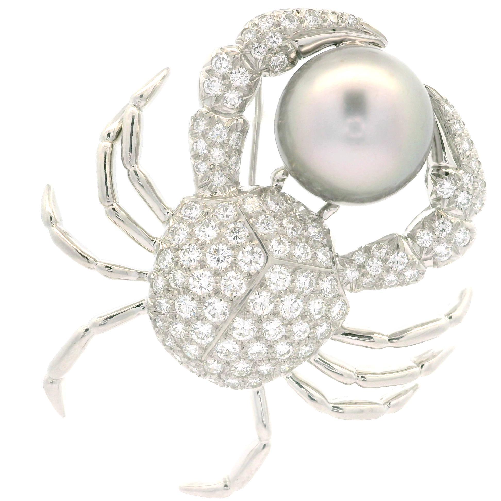 Tiffany & Co. Platinum 14.7mm Tahitian Pearl 2.86ctw Diamond Crab Pin Brooch 3