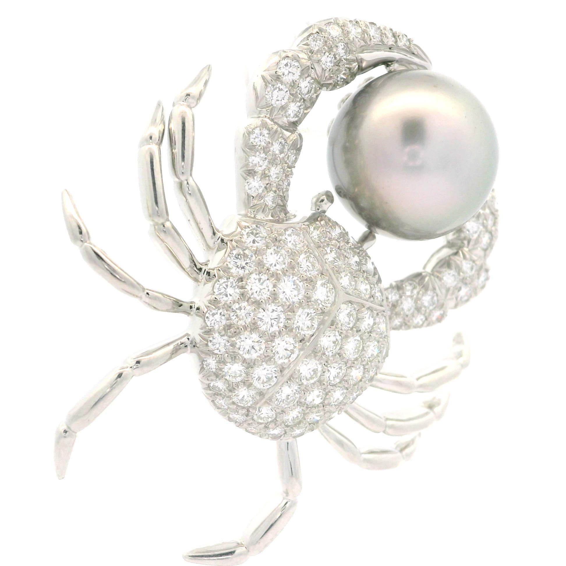 Tiffany & Co. Platinum 14.7mm Tahitian Pearl 2.86ctw Diamond Crab Pin Brooch 4