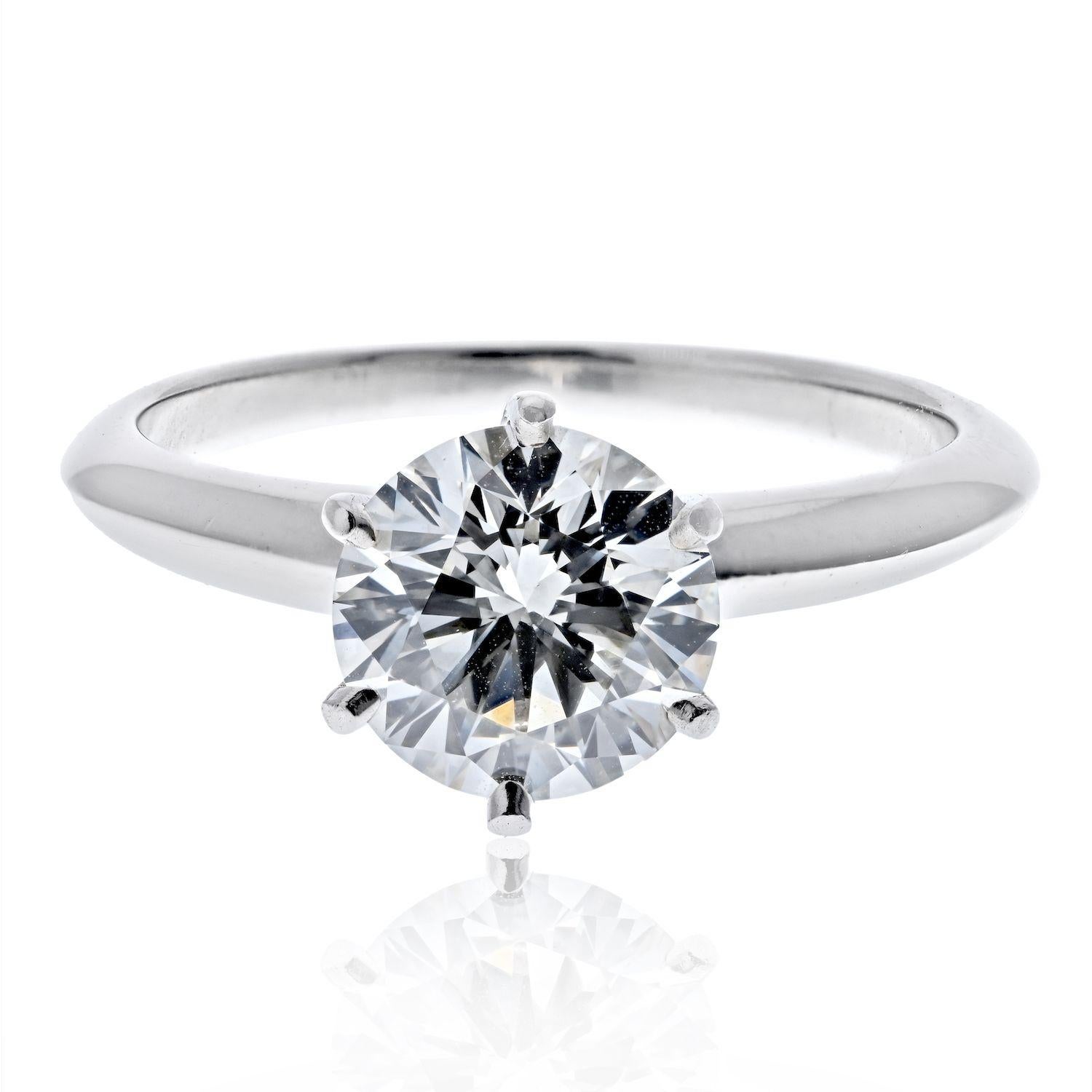 Tiffany & Co. Platinum 1.55 Ct I VS1 Round Cut Six Prong Diamond Engagement Ring In Excellent Condition In New York, NY