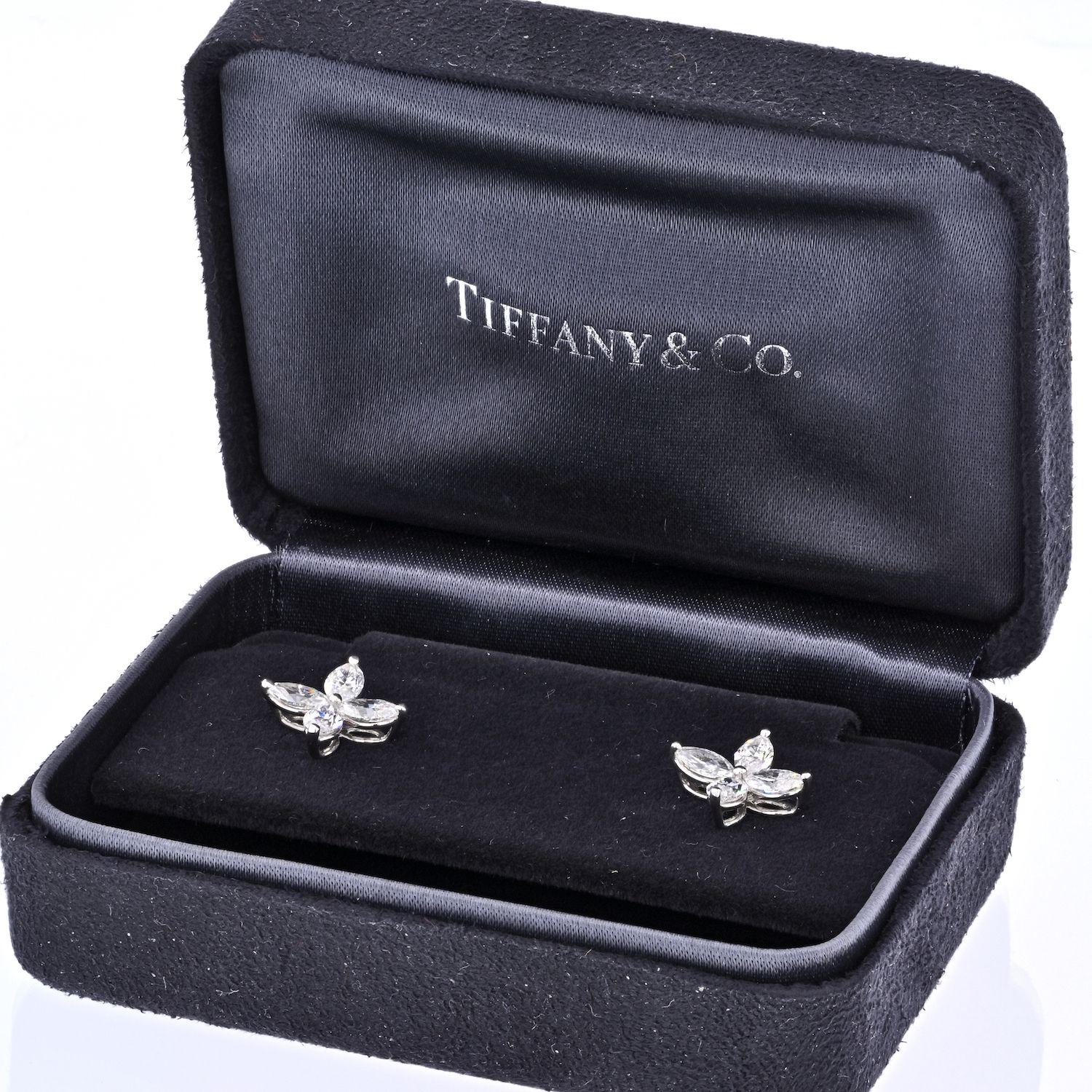 These are lovely stud earrings by Tiffany & Co. From the Victoria collection these lovely earrings are mounted with 1.62cts of marquise cut diamonds. Fully signed. 
Superb diamond quality by Tiffany at a fraction of a retail price. 
Get these now