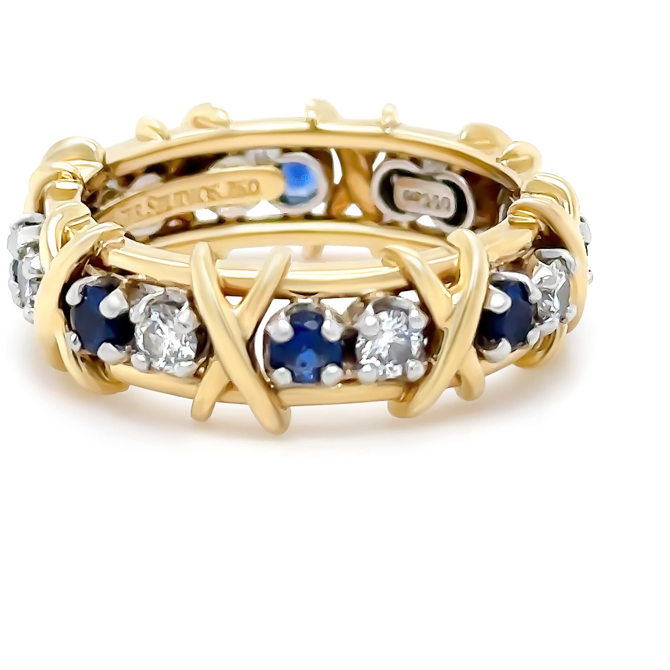 Tiffany & Co Platinum & 18ct YG Sixteen Stone Diamond & Sapphire Ring 1.34ct In Excellent Condition In SYDNEY, NSW