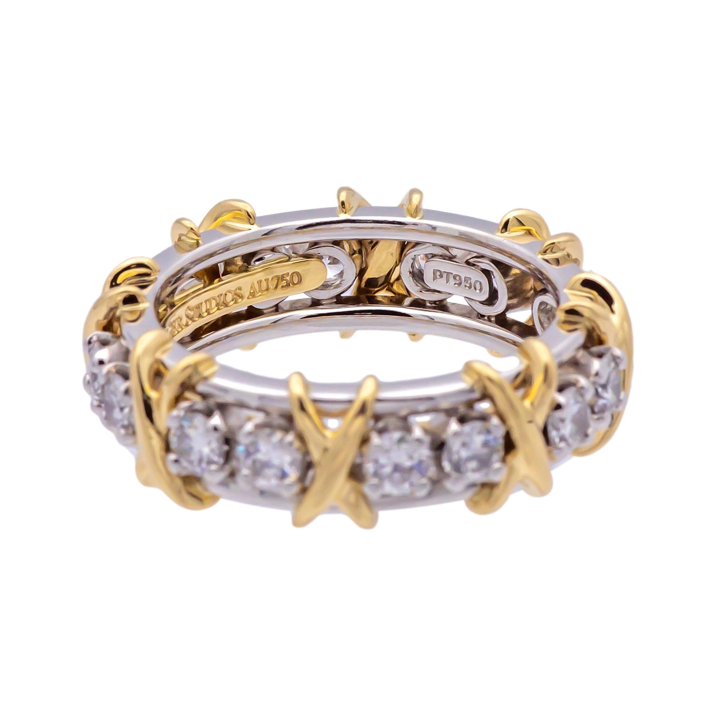 Round Cut Tiffany & Co. Platinum 18K 16 Stone Schlumberger Diamond Band Ring Size 6.5