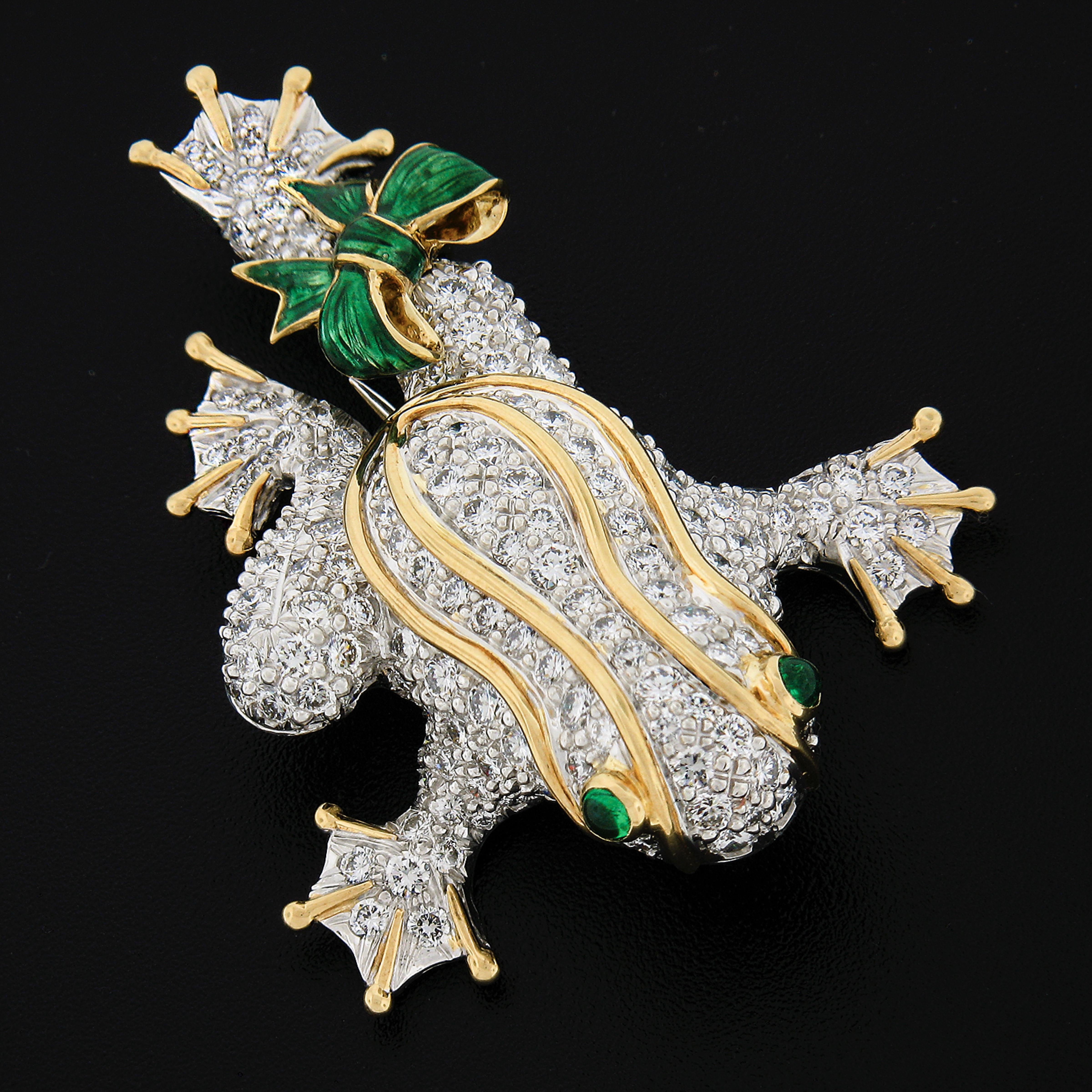 This breathtaking statement brooch by Tiffany & Co. features a large frog design crafted in solid platinum with 18k yellow gold accents throughout. The frog is completely drenched with the finest quality round brilliant cut diamonds that show