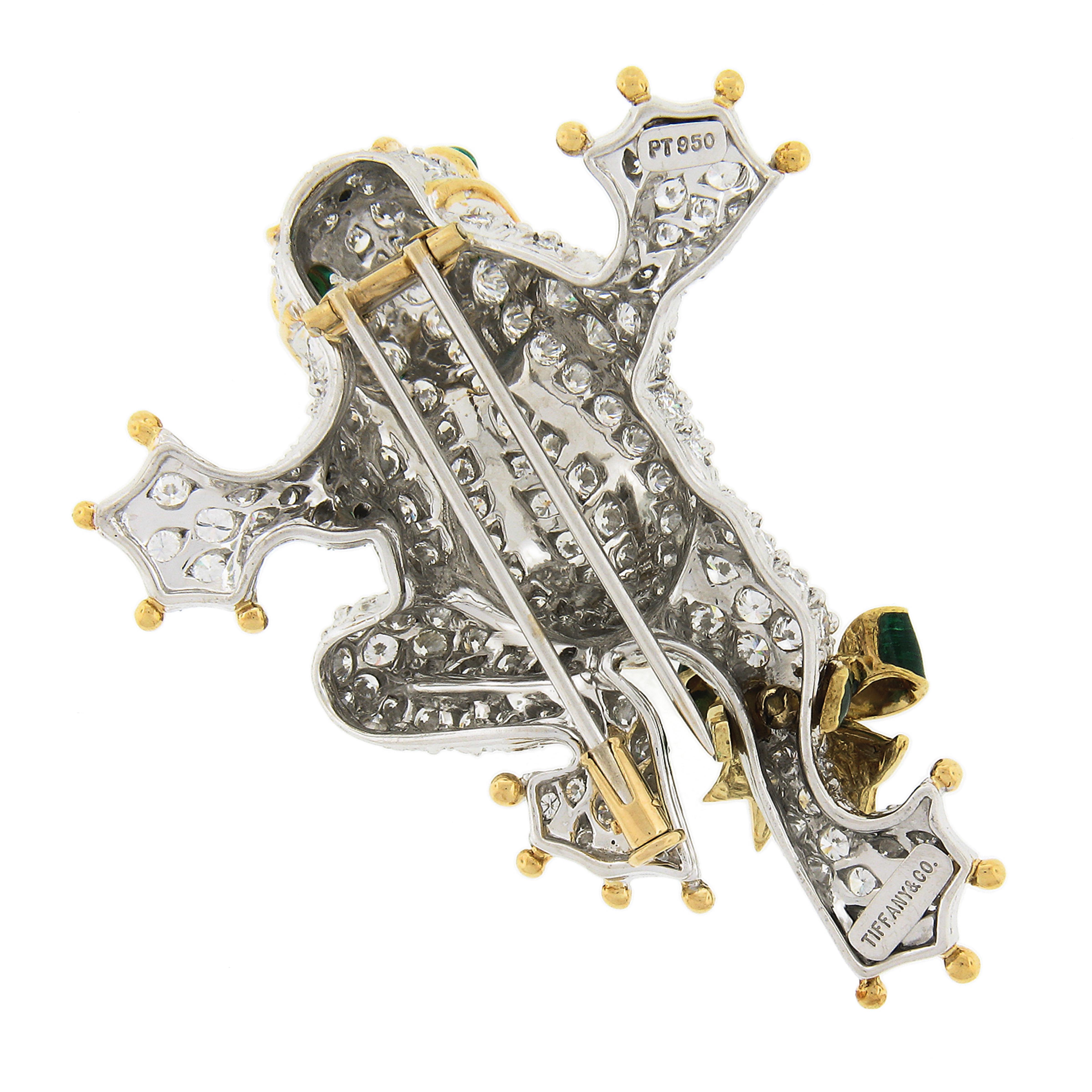 Round Cut Tiffany & Co. Platinum & 18k Gold 5.80ctw Diamond & Green Enamel Frog Brooch Pin