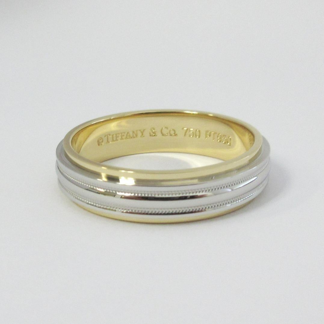 TIFFANY & Co. Platinum 18K Gold 6mm Double Milgrain Wedding Band Ring 12.5 In Excellent Condition For Sale In Los Angeles, CA