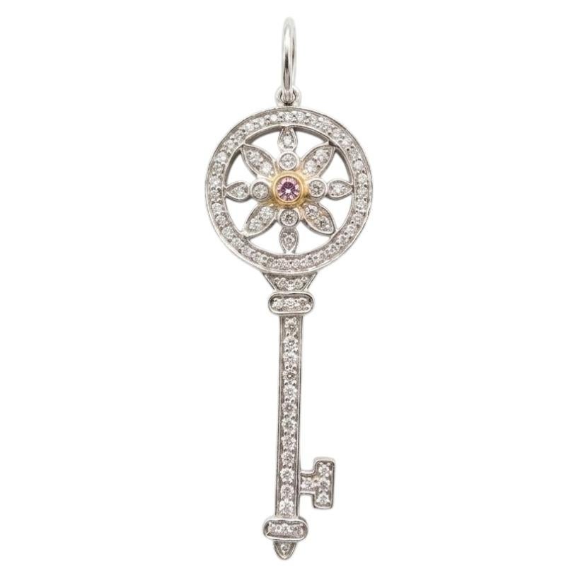 Tiffany & Co Platinum 18K Gold Diamond Key Pendant Pink Diamond