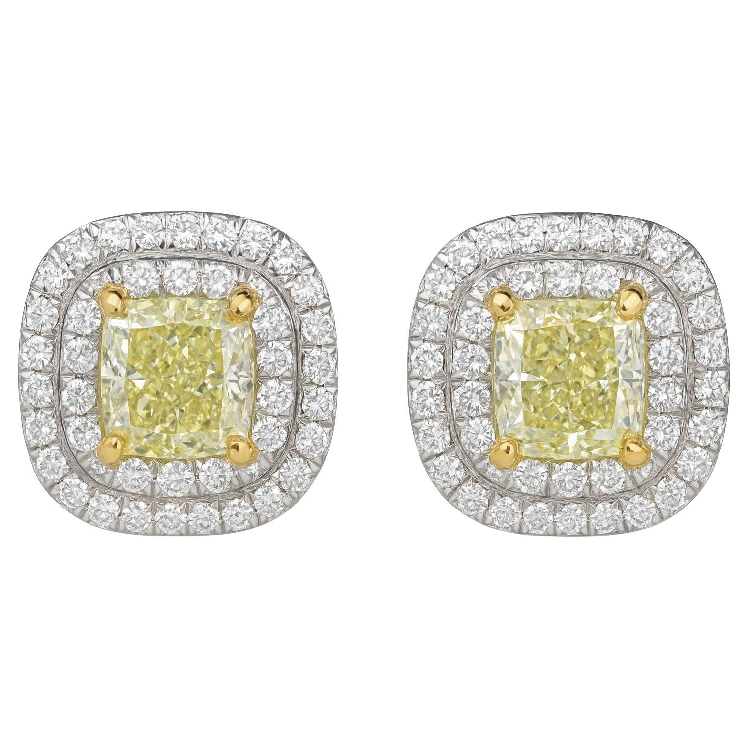 Tiffany & Co. Platinum 18k Gold Soleste Fancy Yellow Cushion Diamond Earrings For Sale