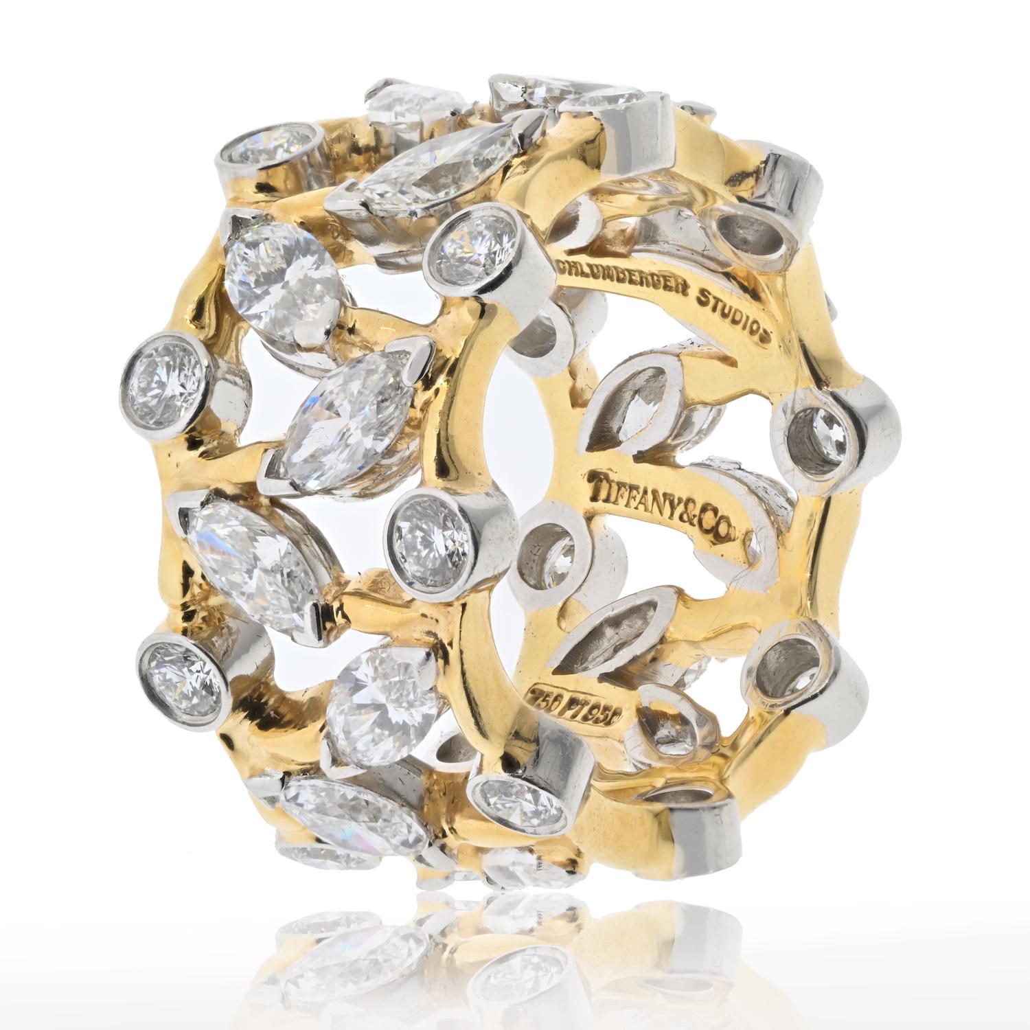 Round Cut Tiffany & Co. Platinum 18K Jean Schlumberger Vigne Round Marquise Diamond Ring For Sale