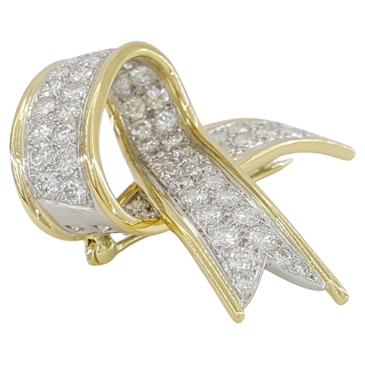 Women's or Men's Tiffany & Co. Platinum & 18k Yellow Gold 2.88 Carat Round Cut Diamond Bow Ribbon For Sale