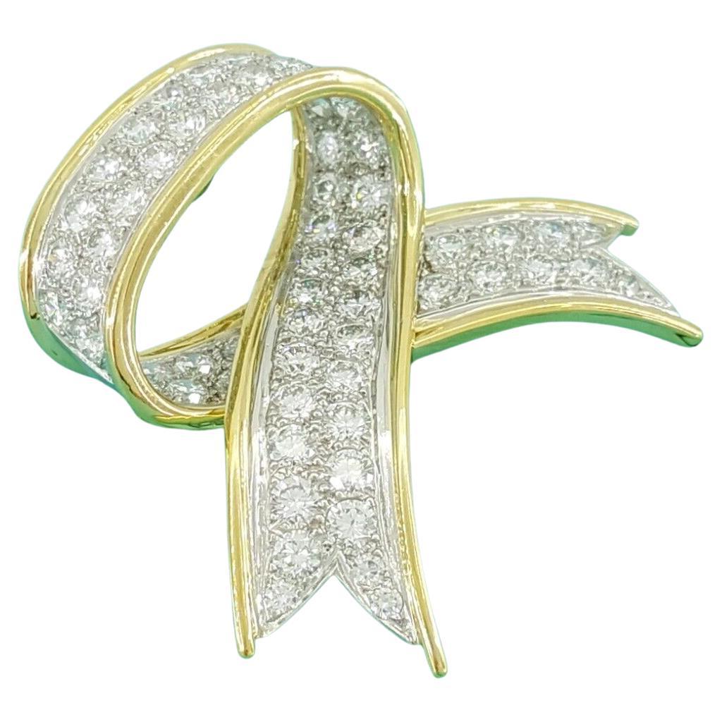 Tiffany & Co. Platinum & 18k Yellow Gold 2.88 Carat Round Cut Diamond Bow Ribbon For Sale 1