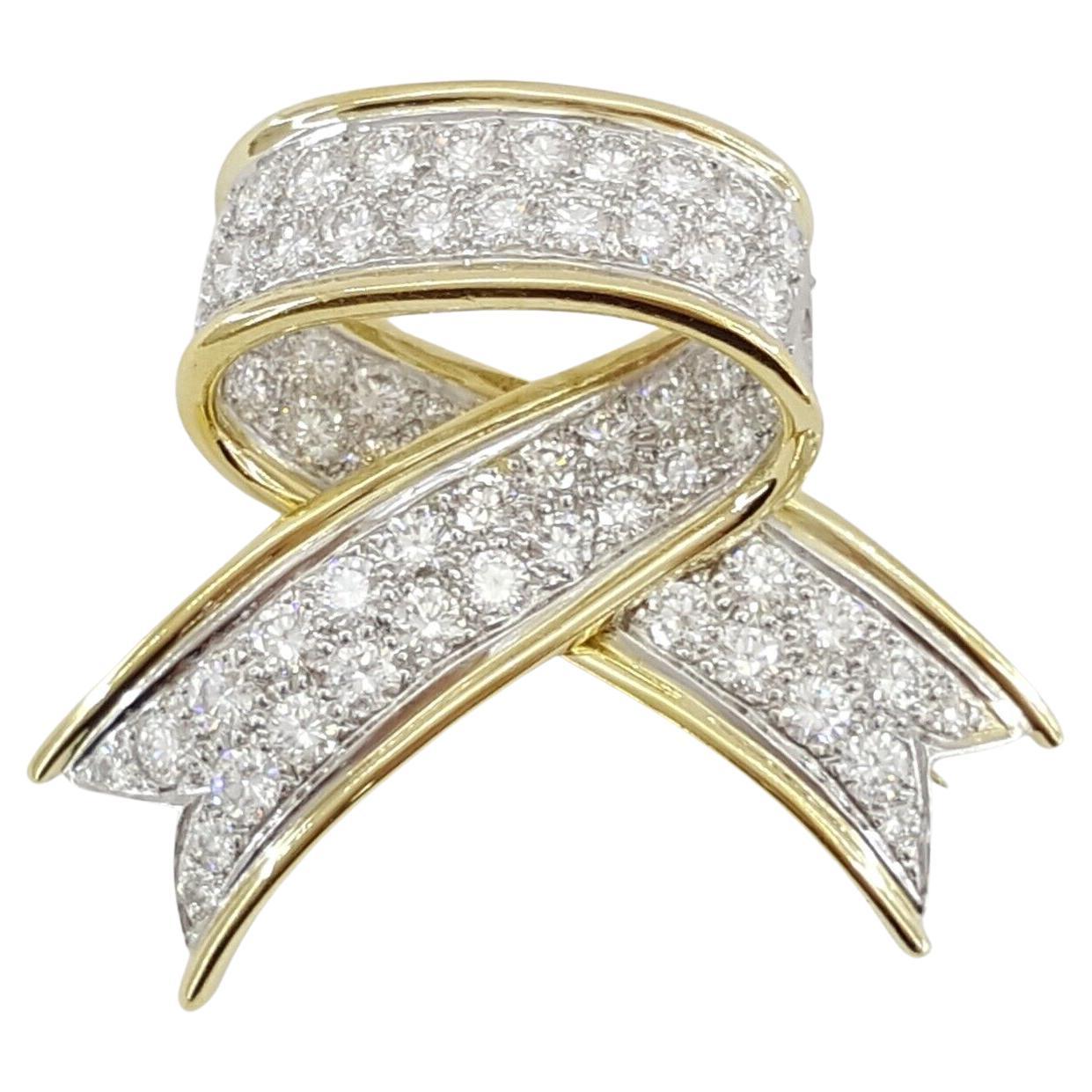 Tiffany & Co. Platinum & 18k Yellow Gold 2.88 Carat Round Cut Diamond Bow Ribbon For Sale