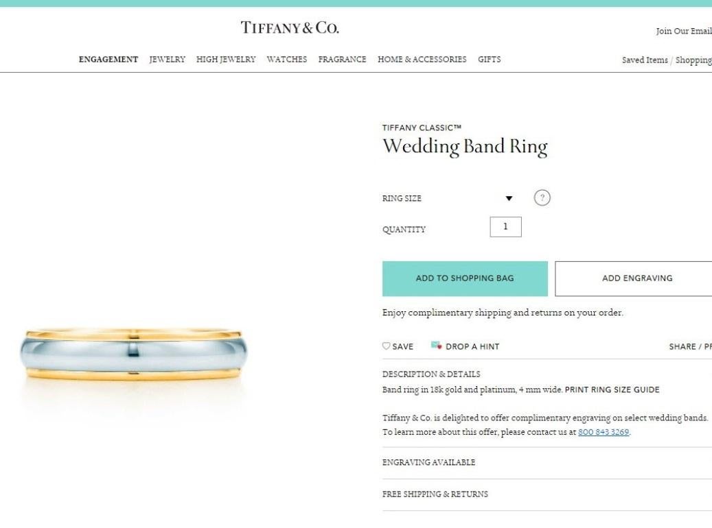 TIFFANY & Co. Classic Platinum 18K Yellow Gold 4mm Lucida Wedding Band Ring 10.5 In Excellent Condition For Sale In Los Angeles, CA