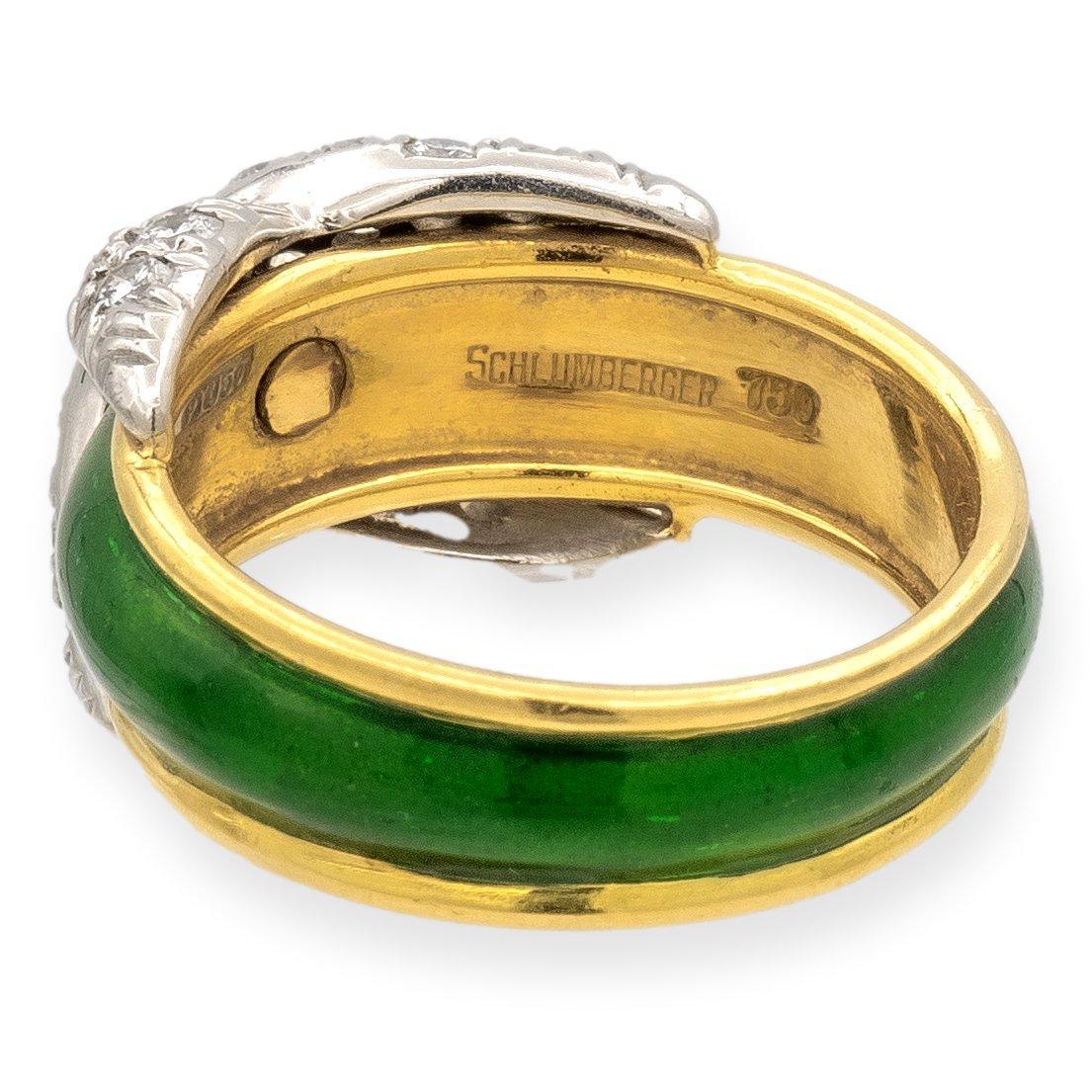 Round Cut Tiffany & Co. Platinum 18K Yellow Gold Diamond X Schlumberger Green Enamel Ring For Sale
