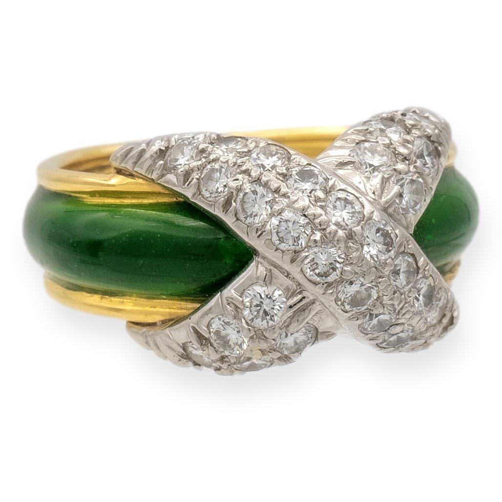 Tiffany & Co. Platinum 18K Yellow Gold Diamond X Schlumberger Green Enamel Ring In Good Condition For Sale In New York, NY