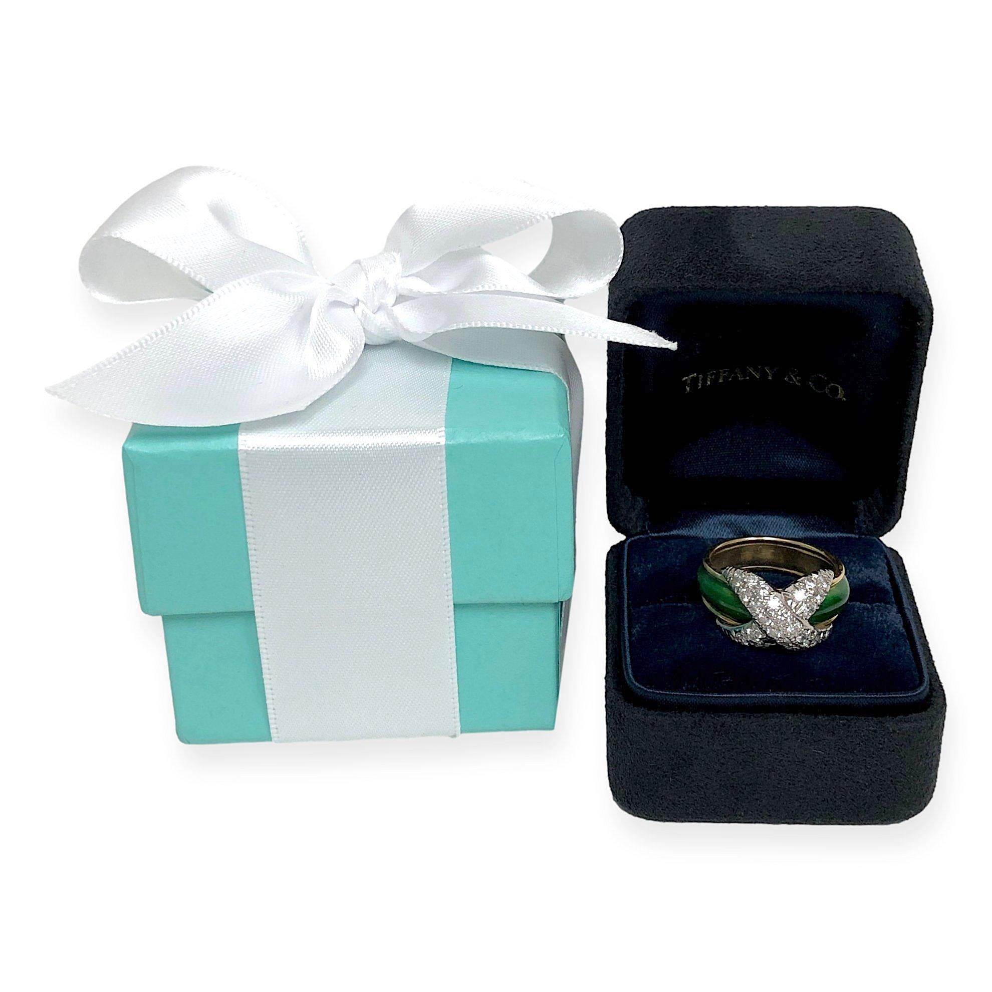 Tiffany & Co. Platinum 18K Yellow Gold Diamond X Schlumberger Green Enamel Ring For Sale 2