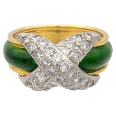 Retro Tiffany & Co. Platinum 18K Yellow Gold Diamond X Schlumberger Green Enamel Ring