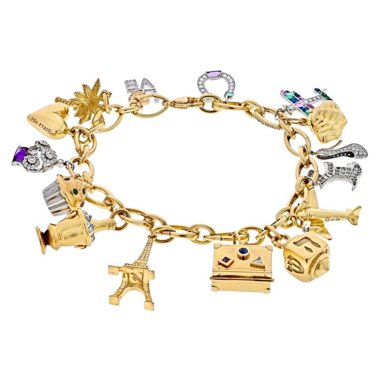 Tiffany Platinum 18K Yellow Gold Gemset And Diamond Charm Bracelet