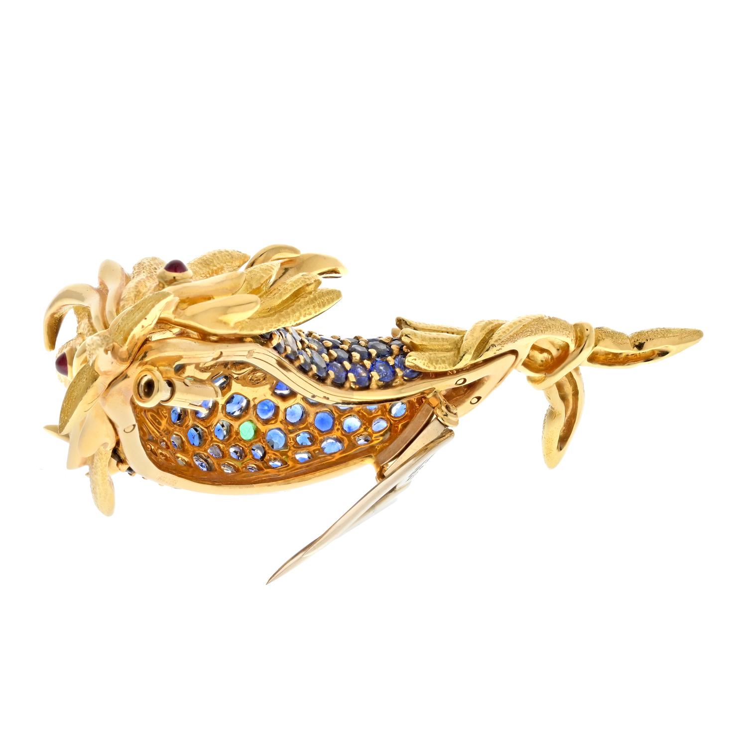 Modern Tiffany & Co. Platinum & 18k Yellow Gold Schlumberger Sapphire Koi Fish Brooch