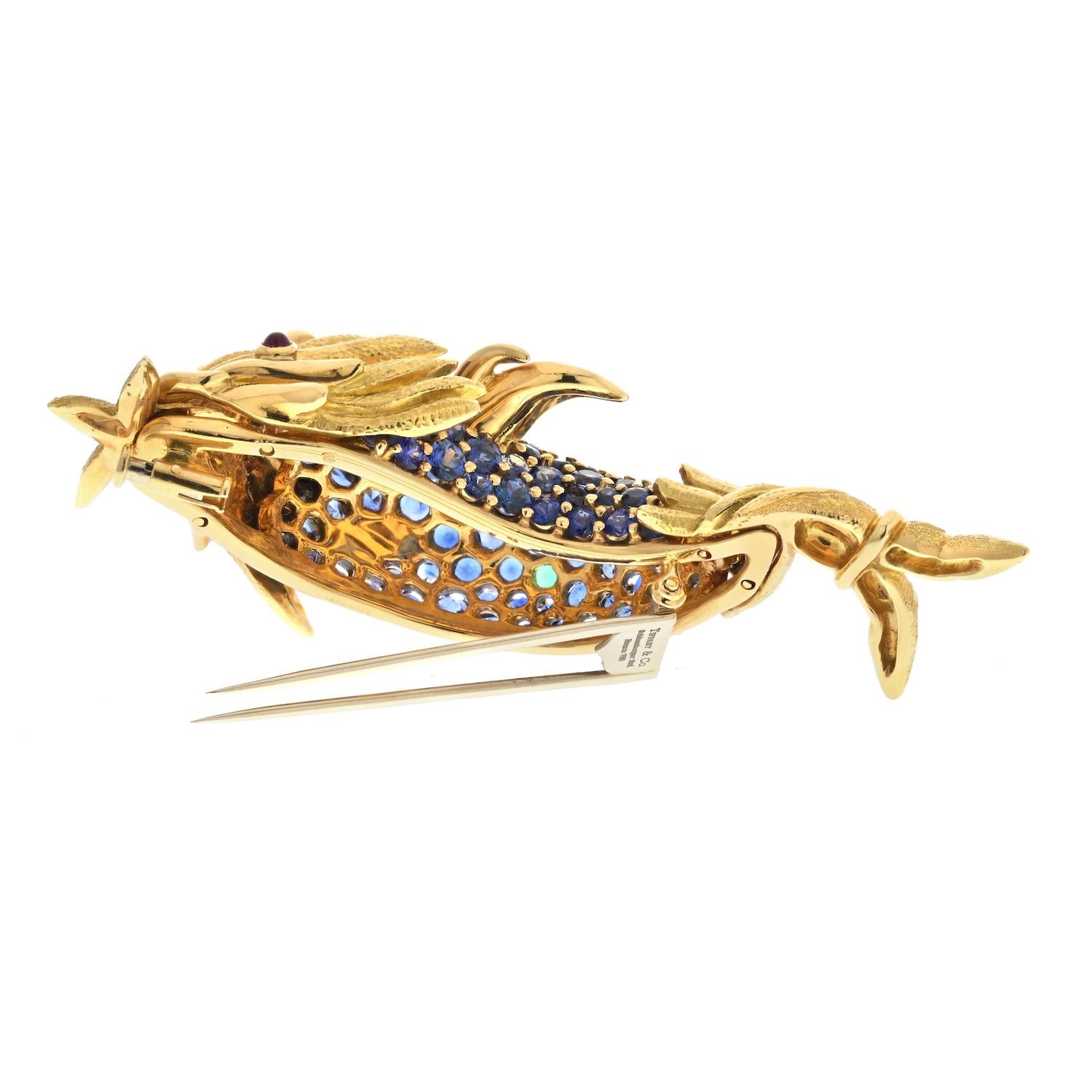 Round Cut Tiffany & Co. Platinum & 18k Yellow Gold Schlumberger Sapphire Koi Fish Brooch