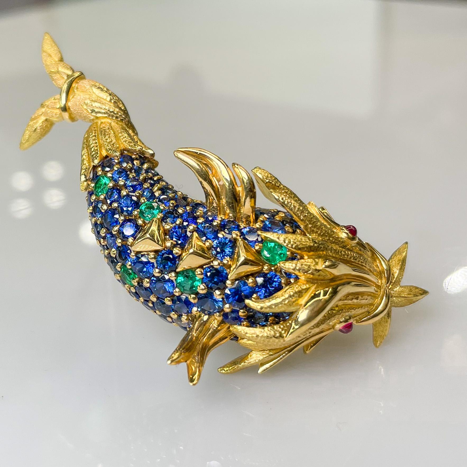 Women's Tiffany & Co. Platinum & 18k Yellow Gold Schlumberger Sapphire Koi Fish Brooch