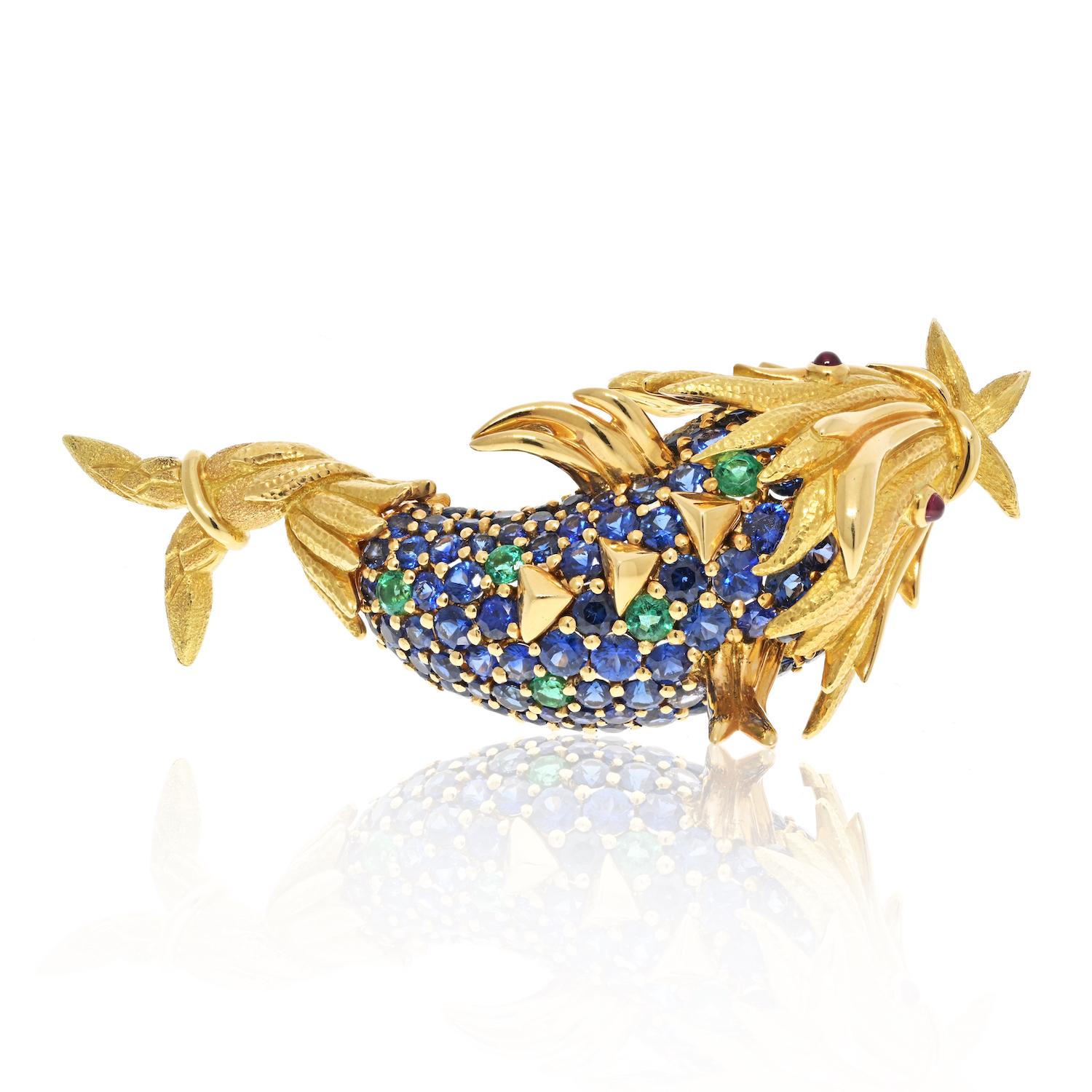 Tiffany & Co. Platinum & 18k Yellow Gold Schlumberger Sapphire Koi Fish Brooch 2